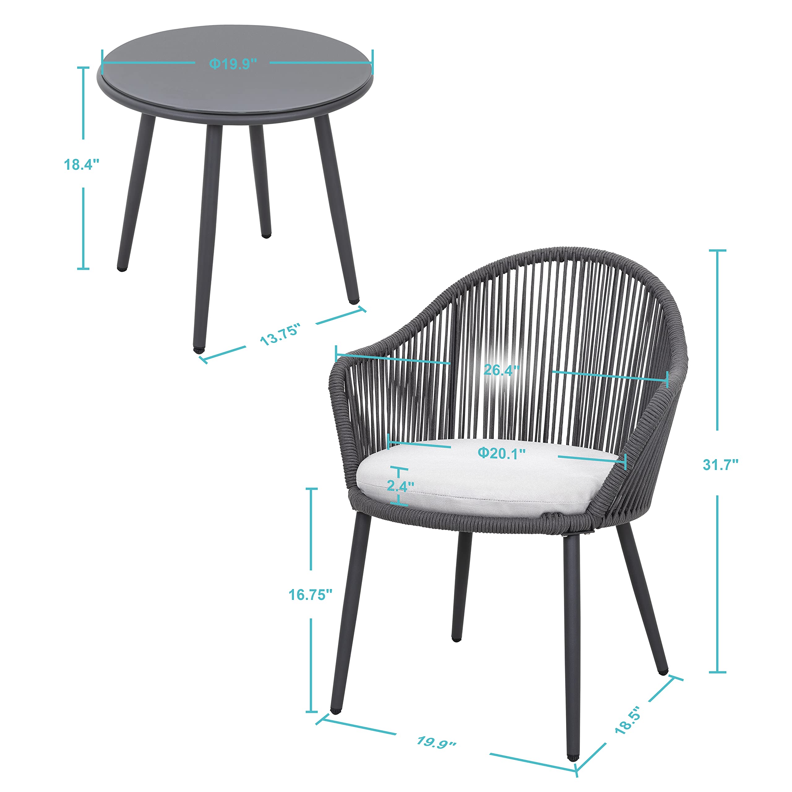 NUU GARDEN 3-Piece Outdoor Bistro Set - All-Weather Woven Rope Patio Furniture with Cushions, Dark Grey - Perfect for Garden, Deck, Backyard, Balcony & Porch Conversations | Ideal for Outdoor Dining, Relaxation & Entertaining Guests