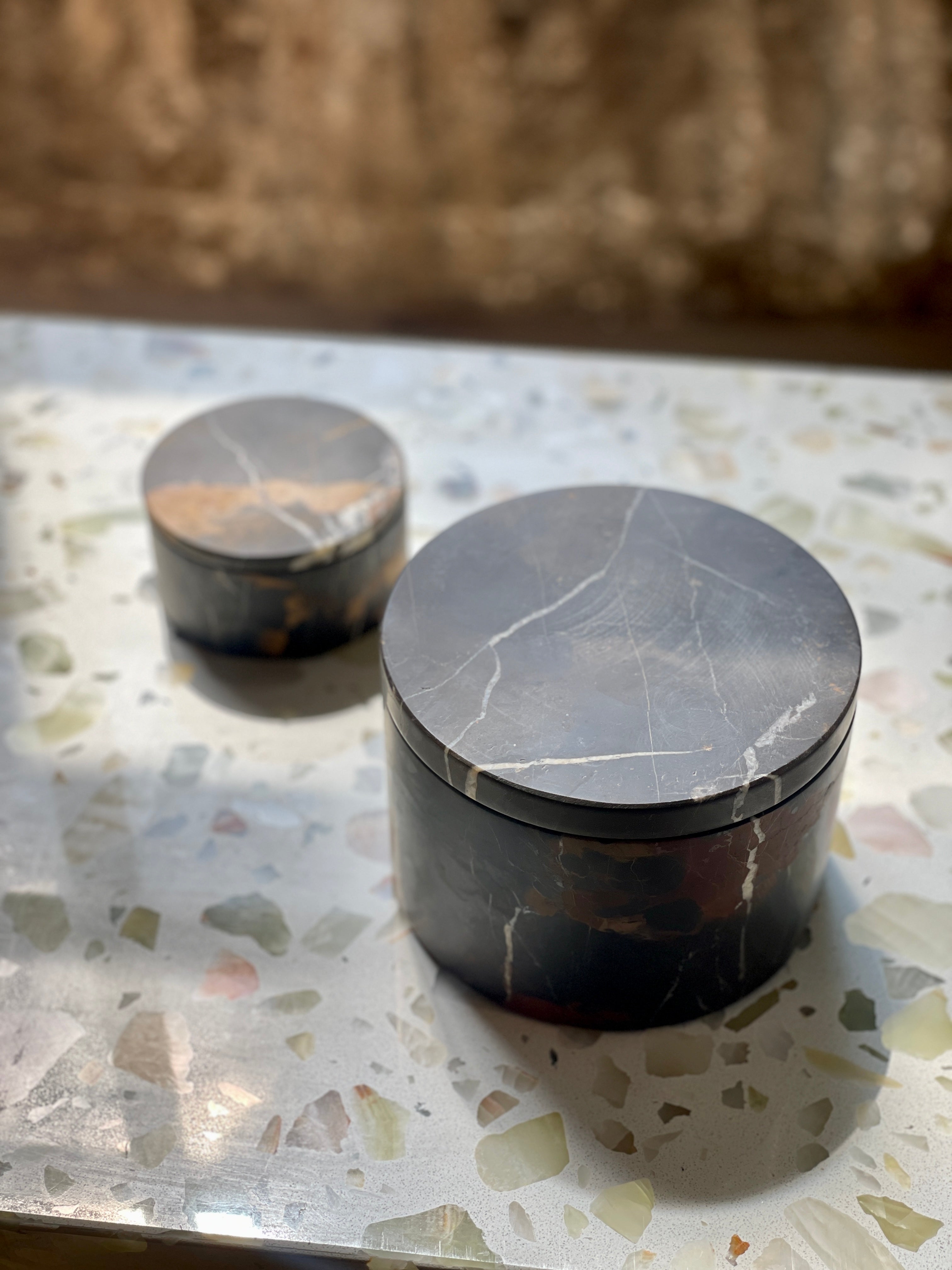 Elegant Round Honed Marble Lidded Box - Premium Home Decor Jewelry Storage Organizer for Vanity, Dresser, or Gift Giving