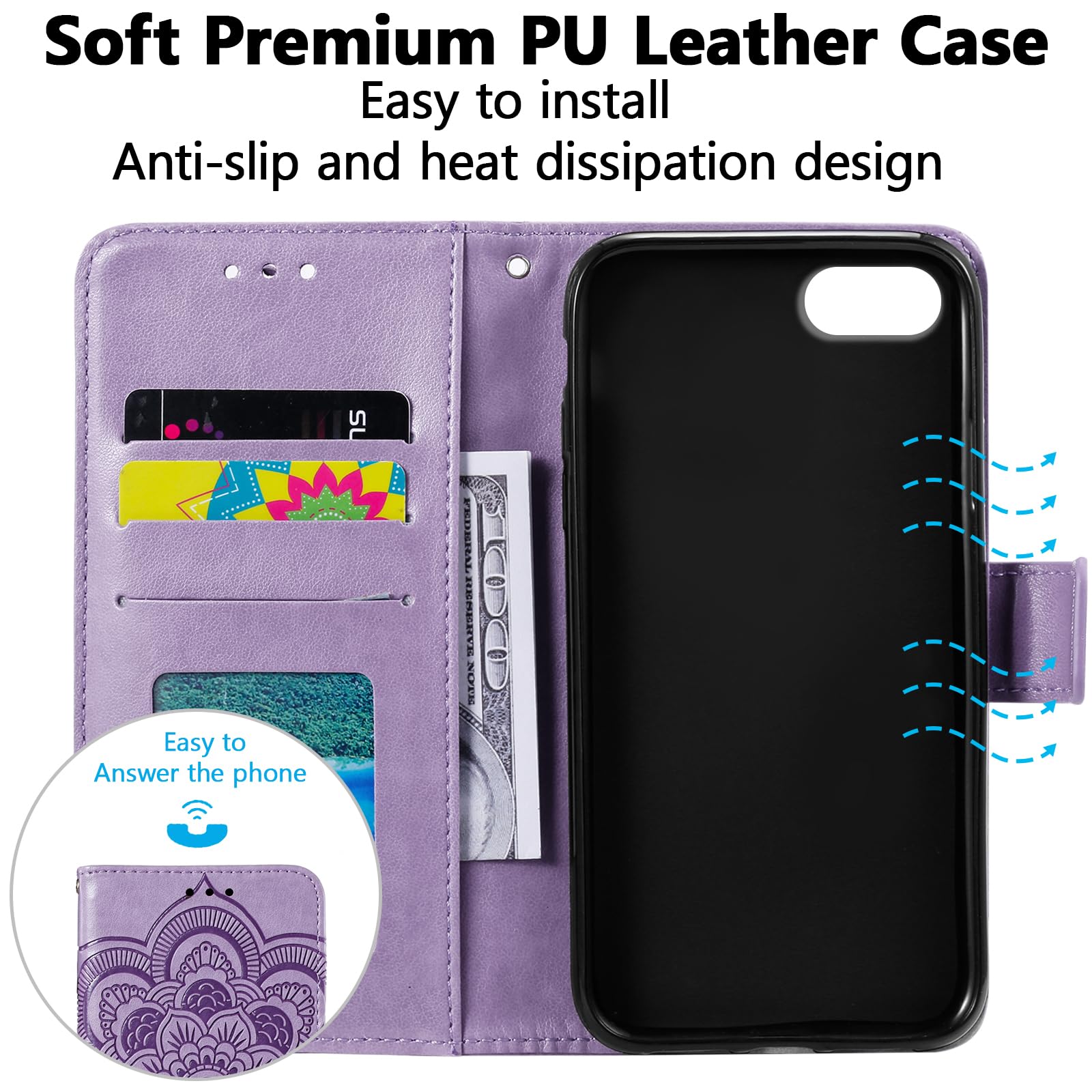 EYZUTAK Premium Leather Mandala Flip Wallet Case for iPhone SE (2022/5G), iPhone 7, iPhone 8, iPhone SE (2020) - Slim Magnetic Stand Cover with Card Slots & Lanyard, Embossed Purple Design - Perfect for Daily Use, Travel, and Business Meetings