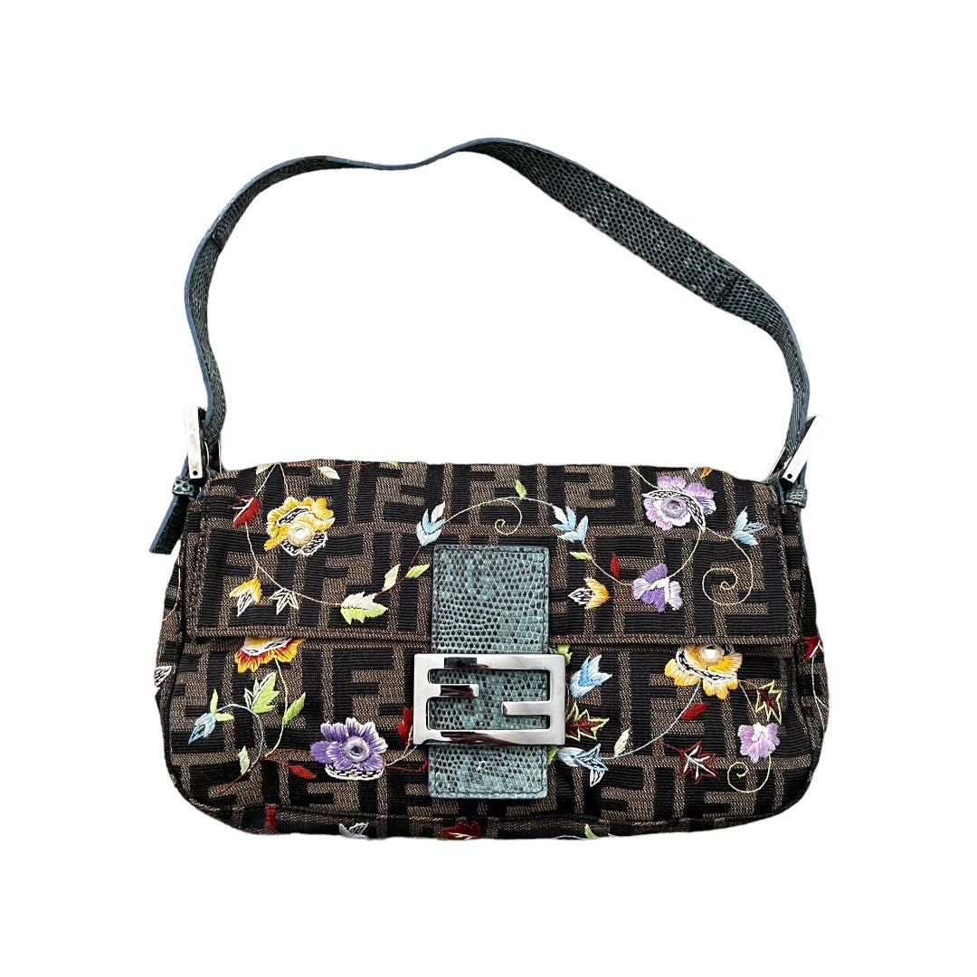 Vintage FENDI Zucca Baguette Bag with Floral Embroidery - Elegant Crossbody Purse for Women, Perfect for Parties & Date Nights