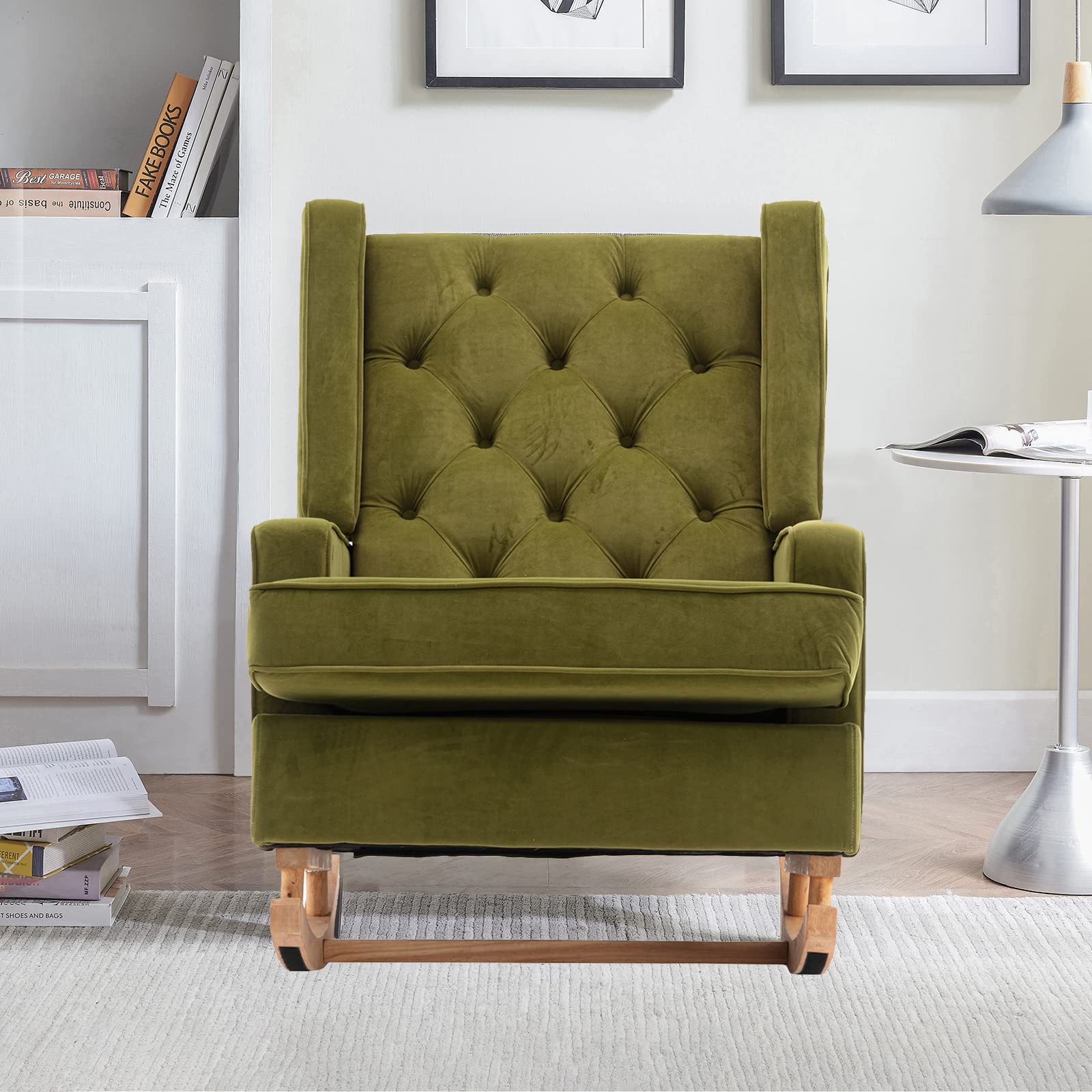 Comfortable Modern Tufted Wingback Rocking Chair - Nursery Accent Chair & Baby Upholstered Glider Rocker - Perfect for Bedrooms, Living Rooms, Nurseries, Home Theaters and Balconies (Blue/Olive) - Ideal for Nursing, Reading & Relaxation