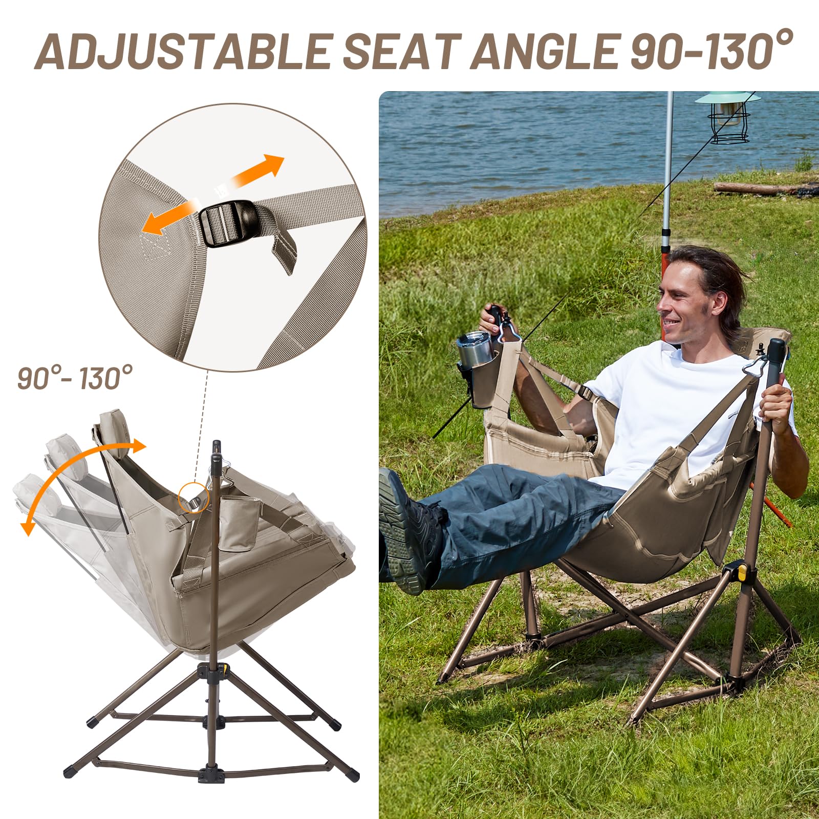 TIMBER RIDGE Heavy Duty Folding Hammock Chair - Adjustable Backrest Supports 300lbs, Portable Camping Chair for Outdoor, Travel, Patio & Backyard Relaxation | Perfect for Camping Trips, Beach Lounging & Garden Use (Tan)