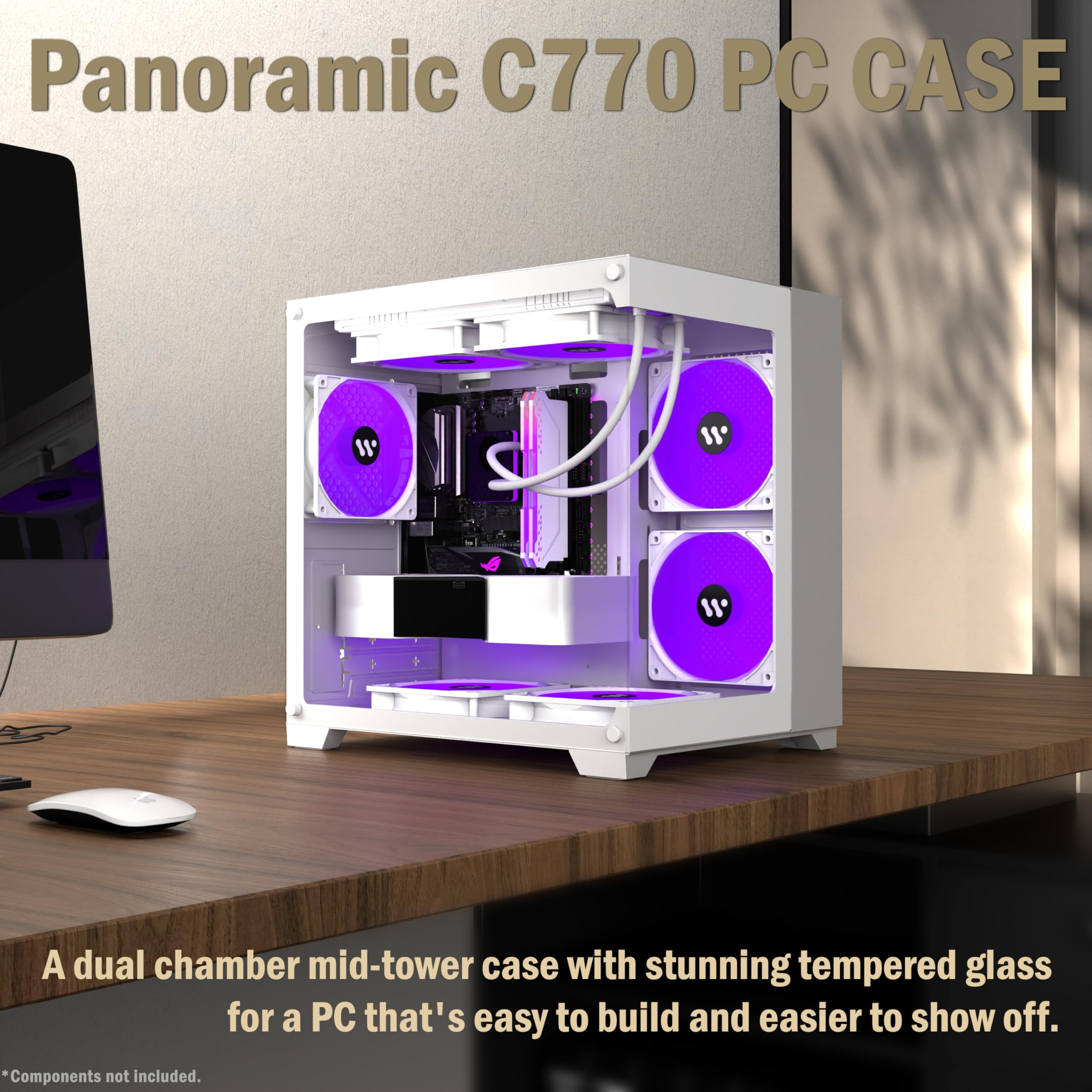 KEDIERS Micro ATX Tower PC Case - White Mini Gaming Computer Case with 4 PWM ARGB Fans & 2 Tempered Glass Panels | Perfect for Compact Gaming Setups & Home Office Workstations