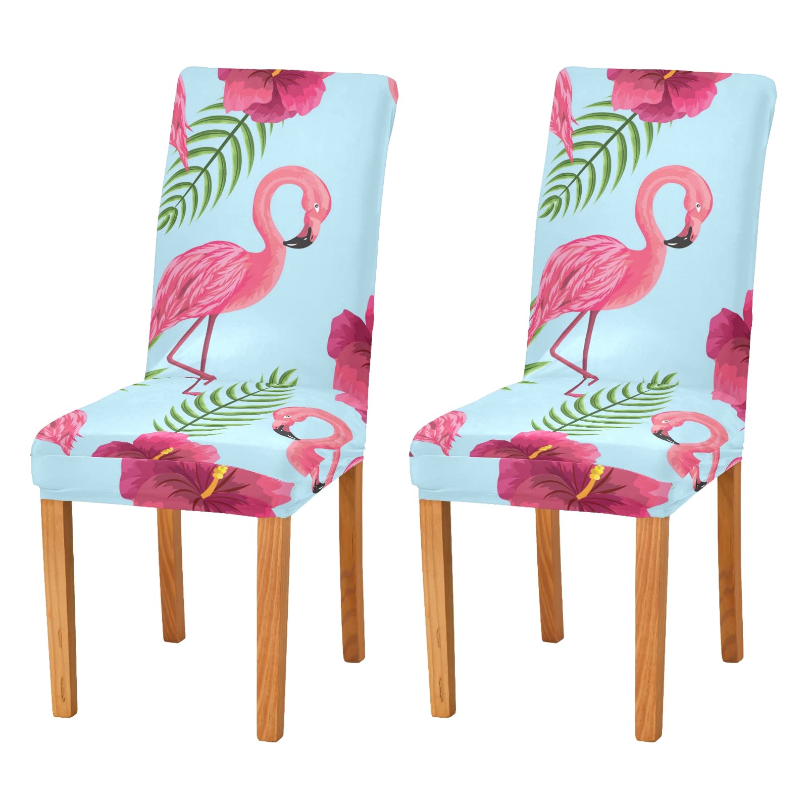 Flamingo Palm Leaves Dining Chair Covers Set of 2 - Washable & Removable Stretch Slipcovers for Dining Chairs - Perfect for Dining Room, Hotel, Wedding, Party & Home Decor