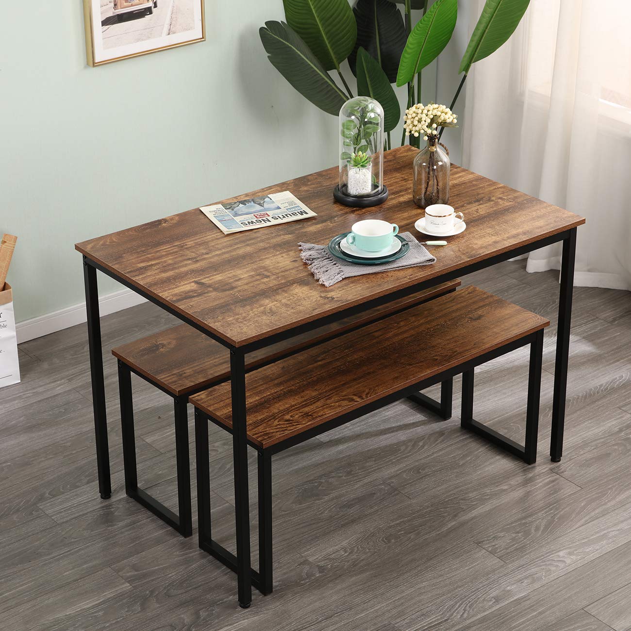 SogesGame 3-Piece Dining Table Set with 2 Benches - Compact Kitchen Table for 2-4 People, Space-Saving Breakfast Nook Furniture for Small Apartments, Perfect for Kitchen Dining, Breakfast Bars & Cozy Meals