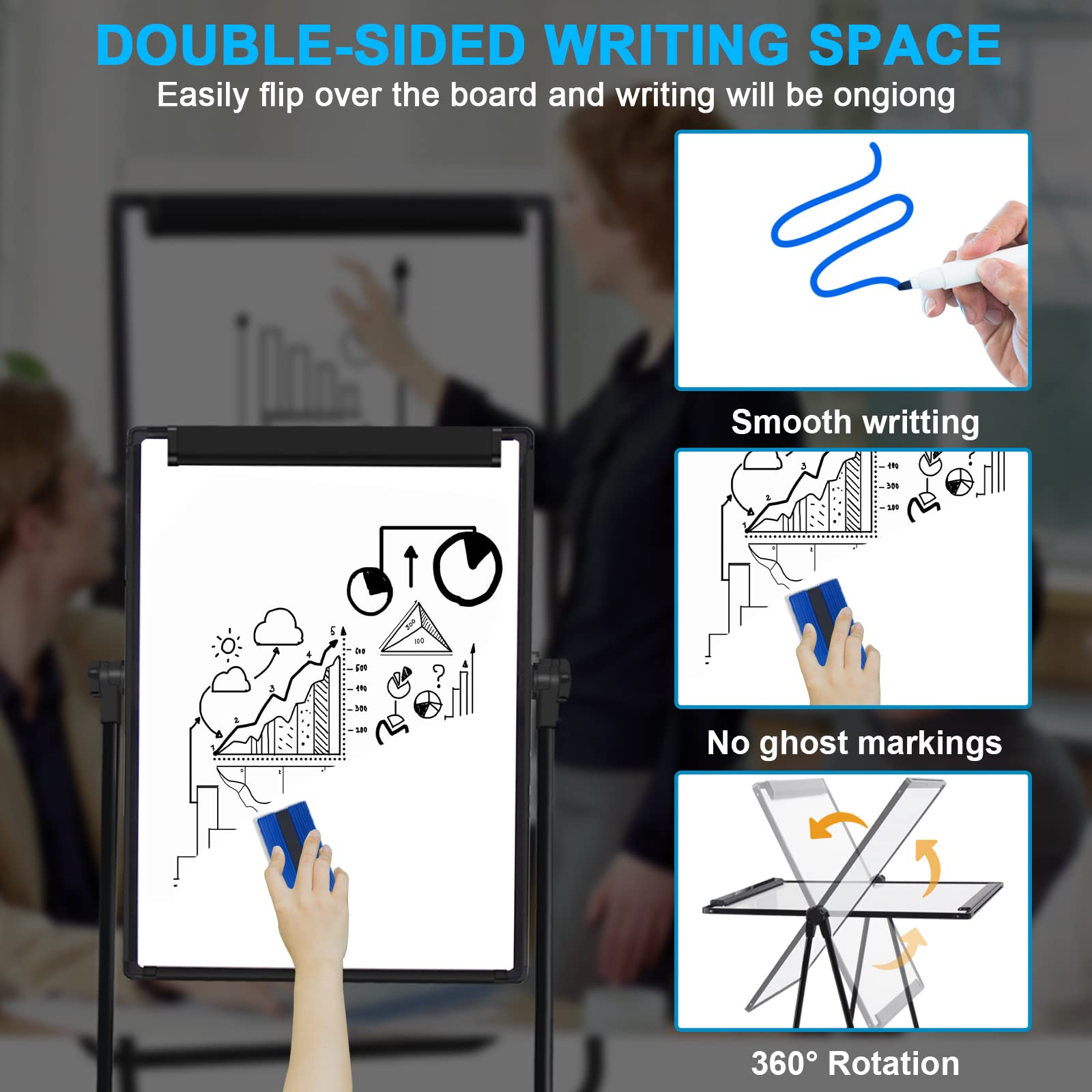 Double Sided Magnetic Whiteboard with Stand - 40x28 Inches Adjustable Height & 360° Rotating Portable Dry Erase Board for Office, Classroom & Home Use - Perfect for Presentations, Teaching & Kids Learning Activities