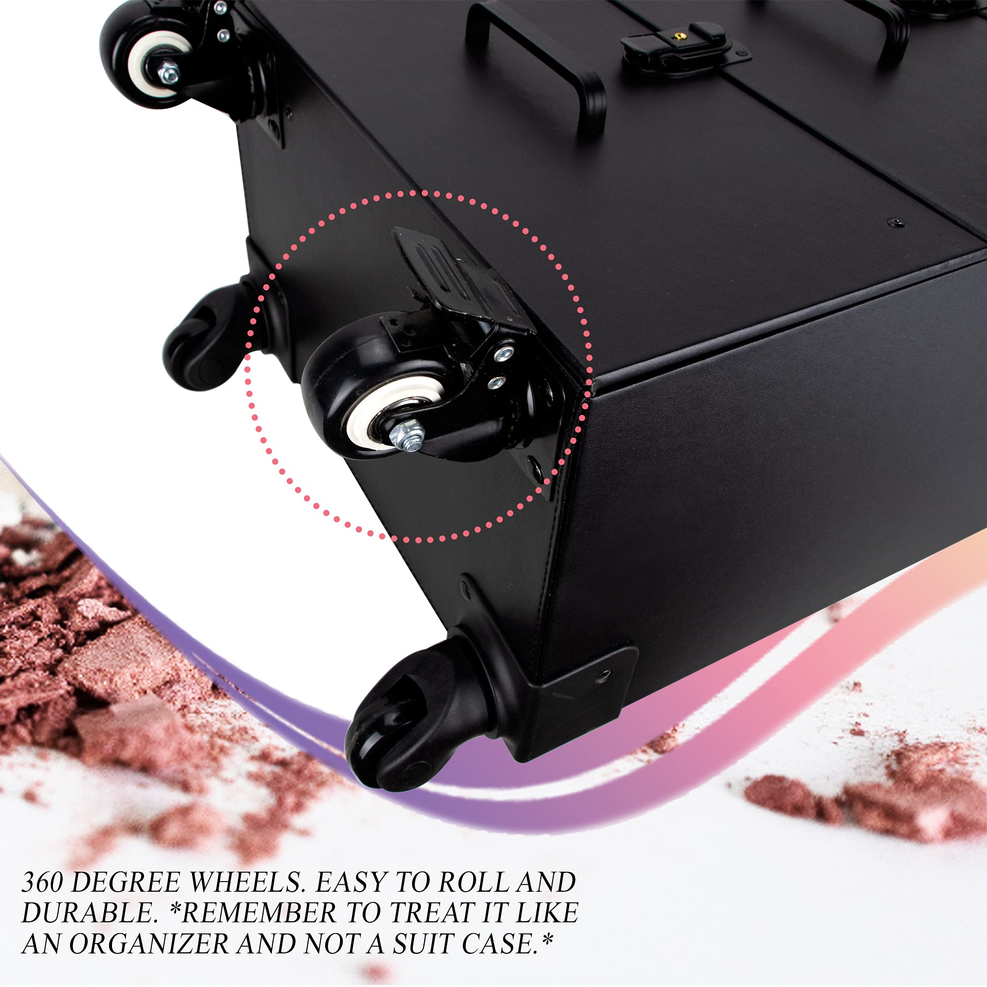 Ver Beauty Rolling Makeup Trolley Case - 360° Swivel Wheels Professional Cosmetic Organizer for Salon, Hair Stylist & Nail Artists - Faux Leather Black | Perfect for Mobile Beauty Services & Salon Organization