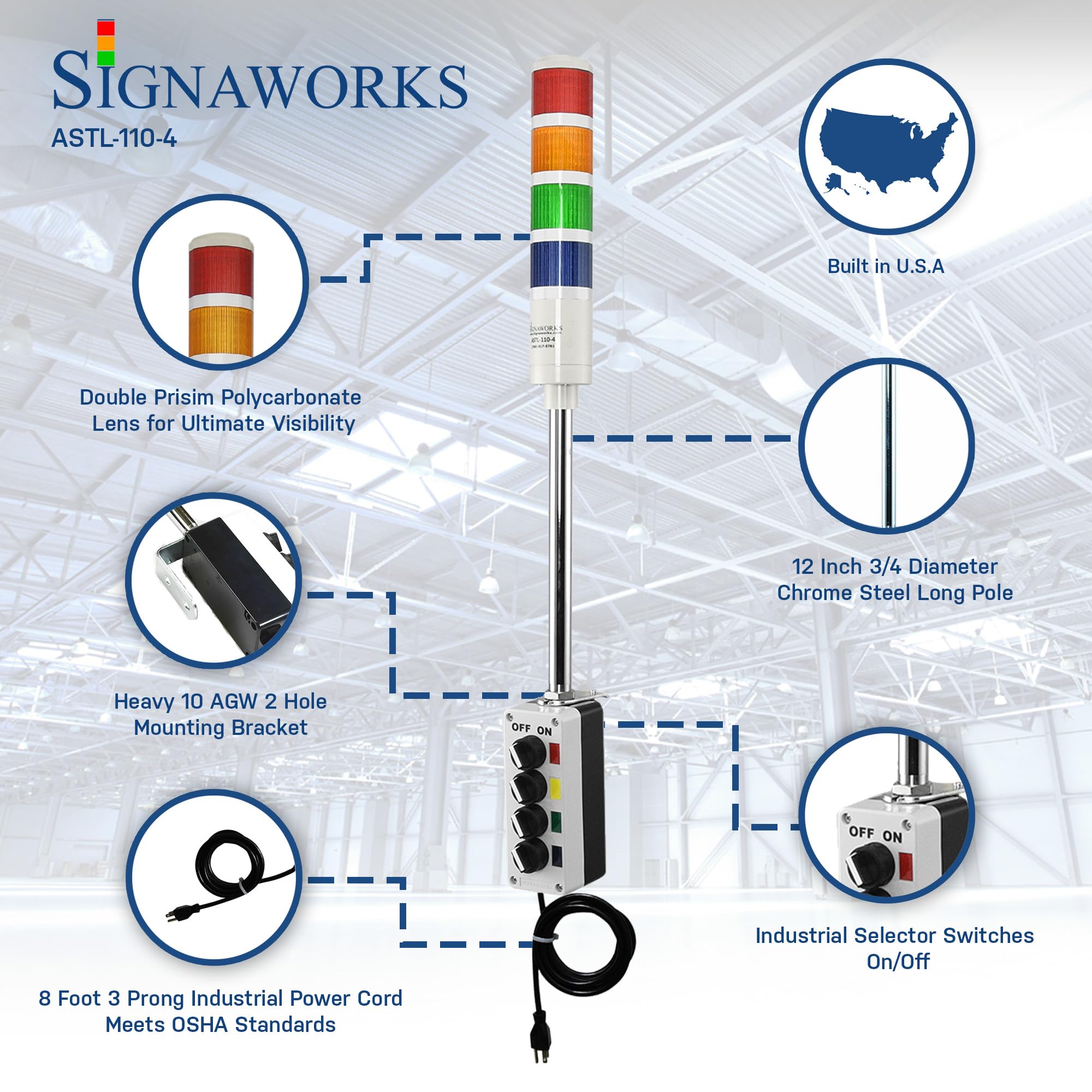 Signaworks 4 Stack Super Bright LED Andon Tower Light - Red/Amber/Green/Blue with 8ft Industrial Power Cord | OSHA Compliant, Plug & Play Ready (Made in USA) | Perfect for Factory Assembly Lines, Warehouse Monitoring & Equipment Status Alerts