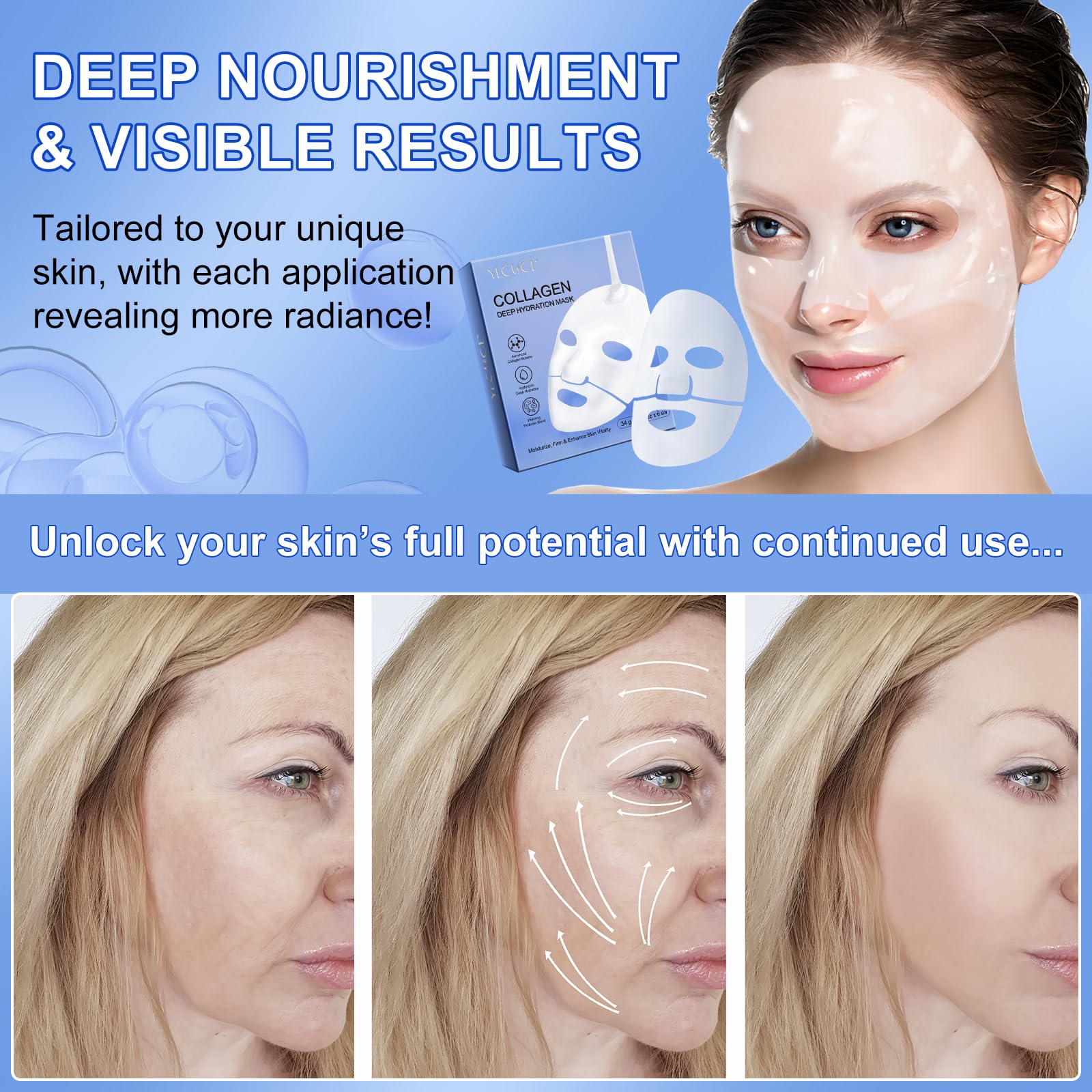 Premium Bio Collagen Face Mask - Hydrating & Anti-Aging Sheet Mask for Moisturizing, Firming Skin & Reducing Wrinkles (6 Pack) | Perfect for Night Skincare Routine, Spa Day & Travel Essentials