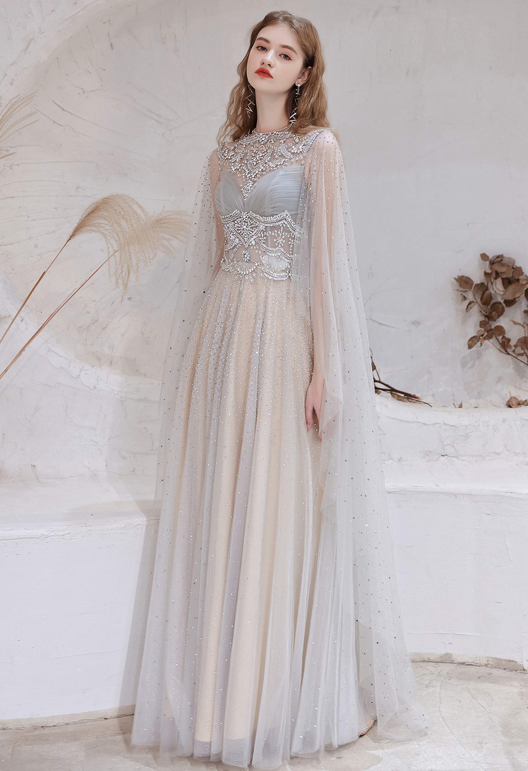 Elegant Women's A-Line Beaded Sequins Tulle Evening Gown with Detachable Shawl - Perfect for Prom, Wedding Guest, Cocktail Party & Formal Occasions