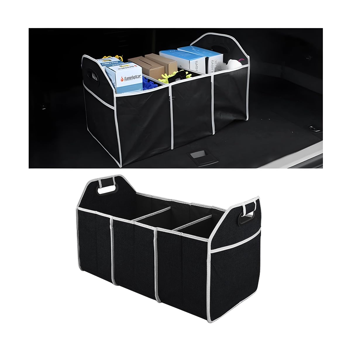 Foldable Car Trunk Organizer with 3 Compartments - Large Capacity Waterproof Storage Box for SUV, Truck, Van - Portable Auto Organizer for Travel, Camping & Road Trips