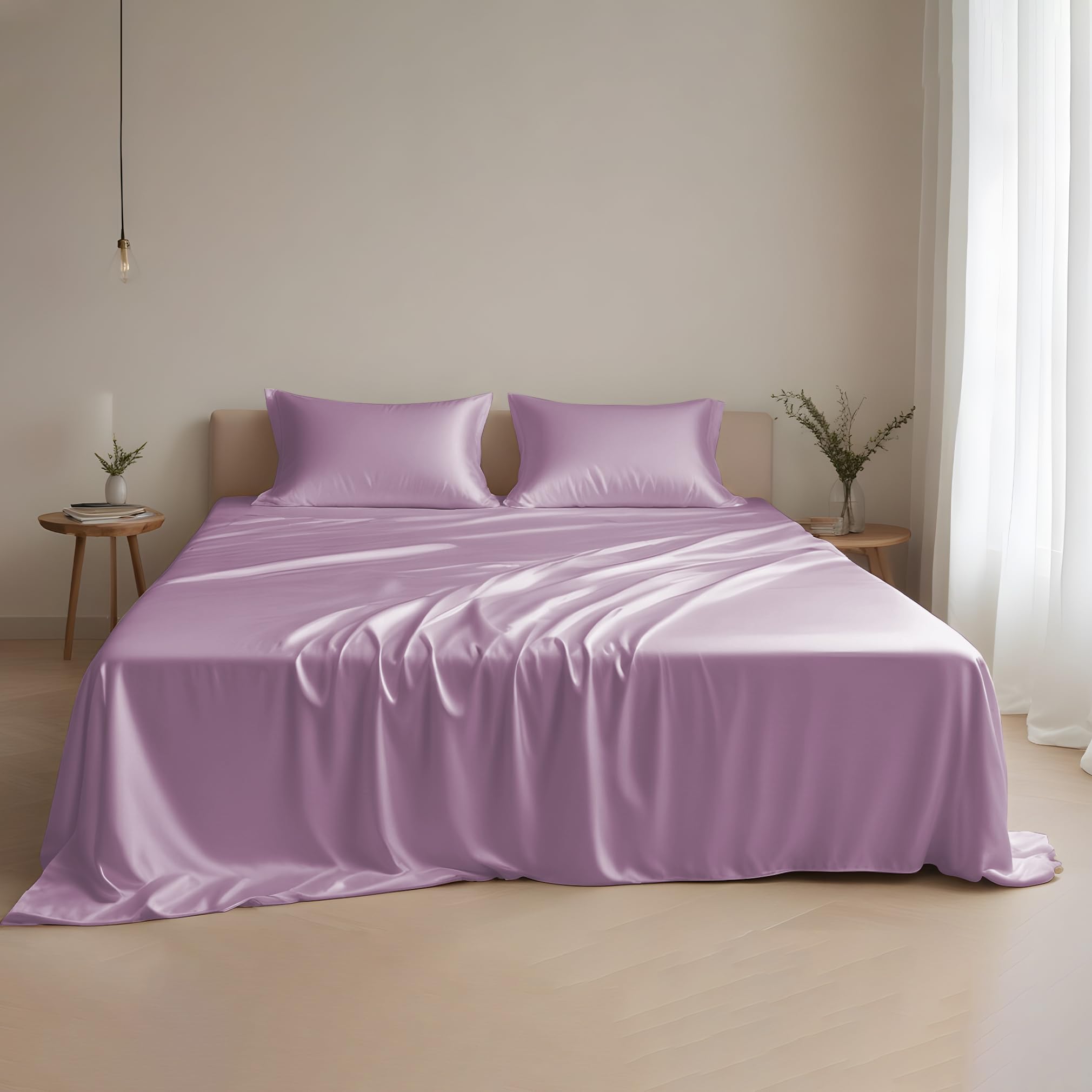 Premium Eucalyptus Tencel Bed Sheet Set Queen Size 4Pc - Soft Breathable Cooling Lilac Lyocell Sheets with 16