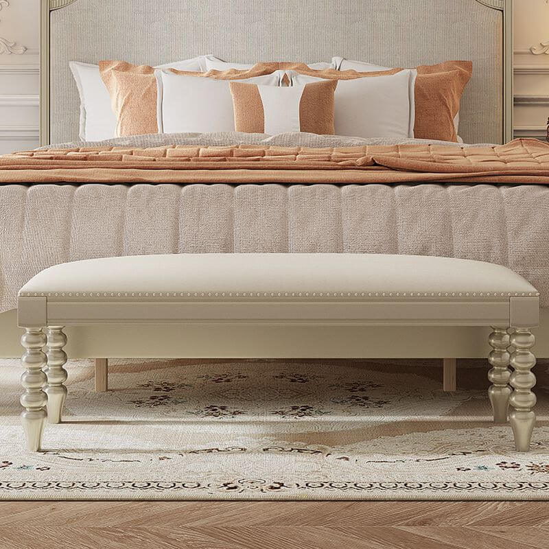 Victorian Style Beige Upholstered Bedroom Bench with Nailhead Trim - Elegant Seating for Bedroom, Dressing Area or Entryway