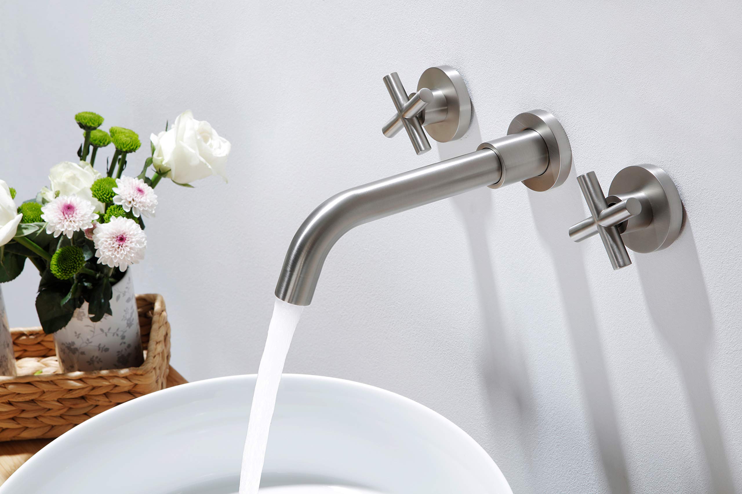 Brushed Nickel Wall Mount Bathroom Faucet - Double Handle Sink Faucet with Rough-in Valve - Modern Waterfall Bathroom Sink Faucet for Powder Room, Guest Bath & Small Spaces