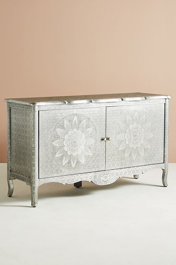 Hand Embossed Metal Buffet Table in White | Indian Handcrafted Sideboard with Floral Design | Perfect for Dining Room, Living Room & Wedding Decor