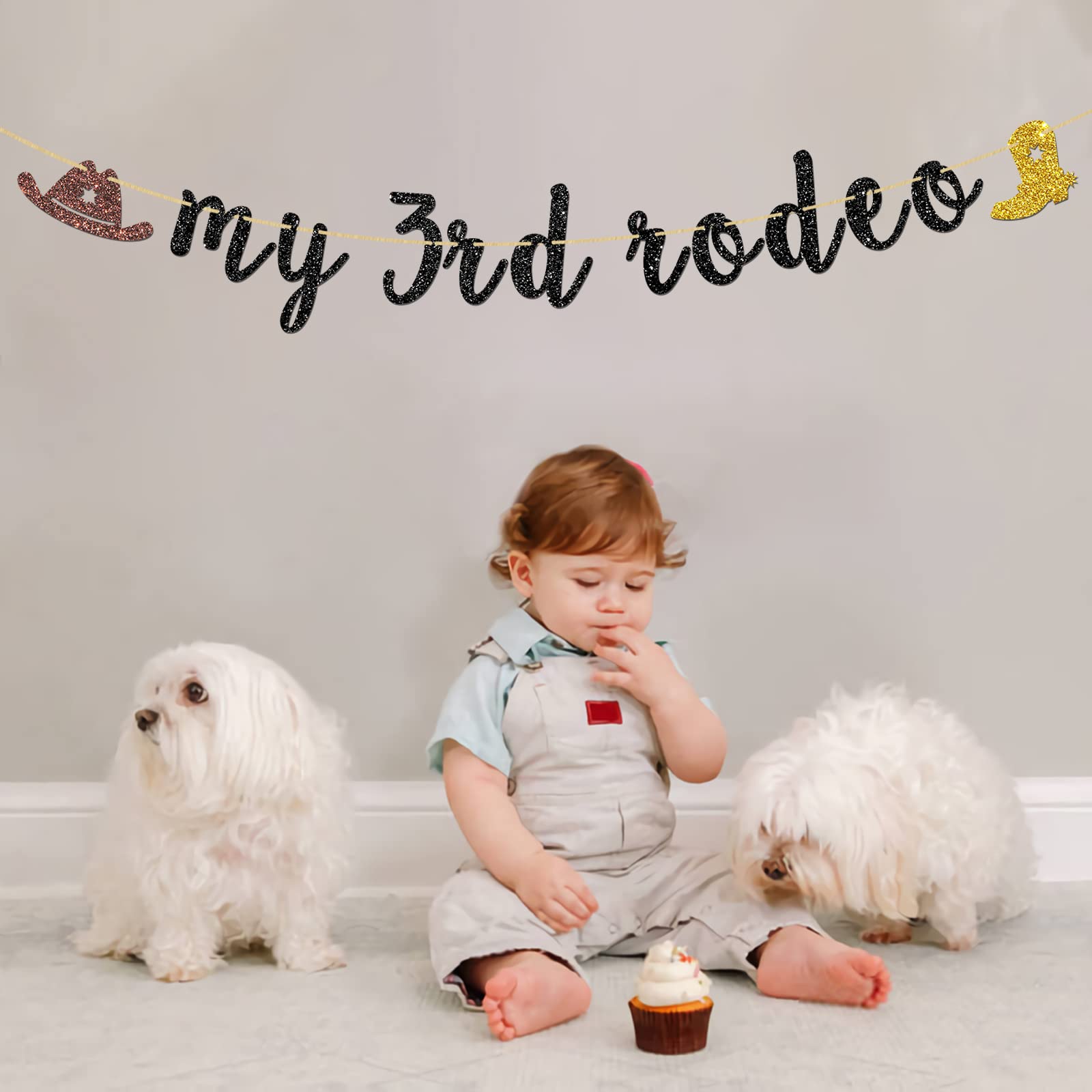 INNORU My 3rd Rodeo Banner - Mexican Themed 3rd Birthday Party Decorations for Cowboy & Cowgirl Western Party - Black Glitter Backdrop for Wild West Birthday Celebrations & Photo Booth Backgrounds