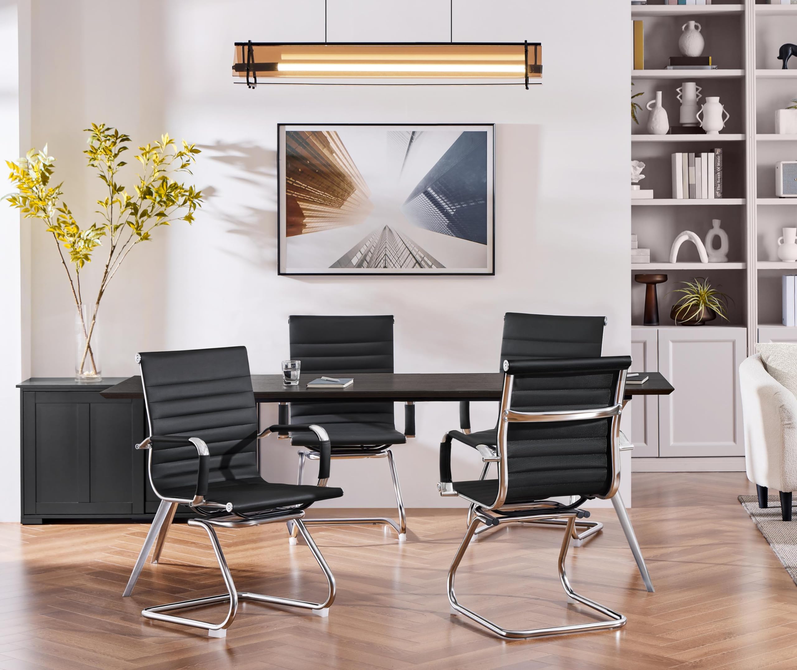 Yaheetech 4-Pack Black Faux Leather Office Reception Chairs - Mid Back Ergonomic Guest Chairs Without Wheels for Conference Rooms, Waiting Areas & Lobby Seating