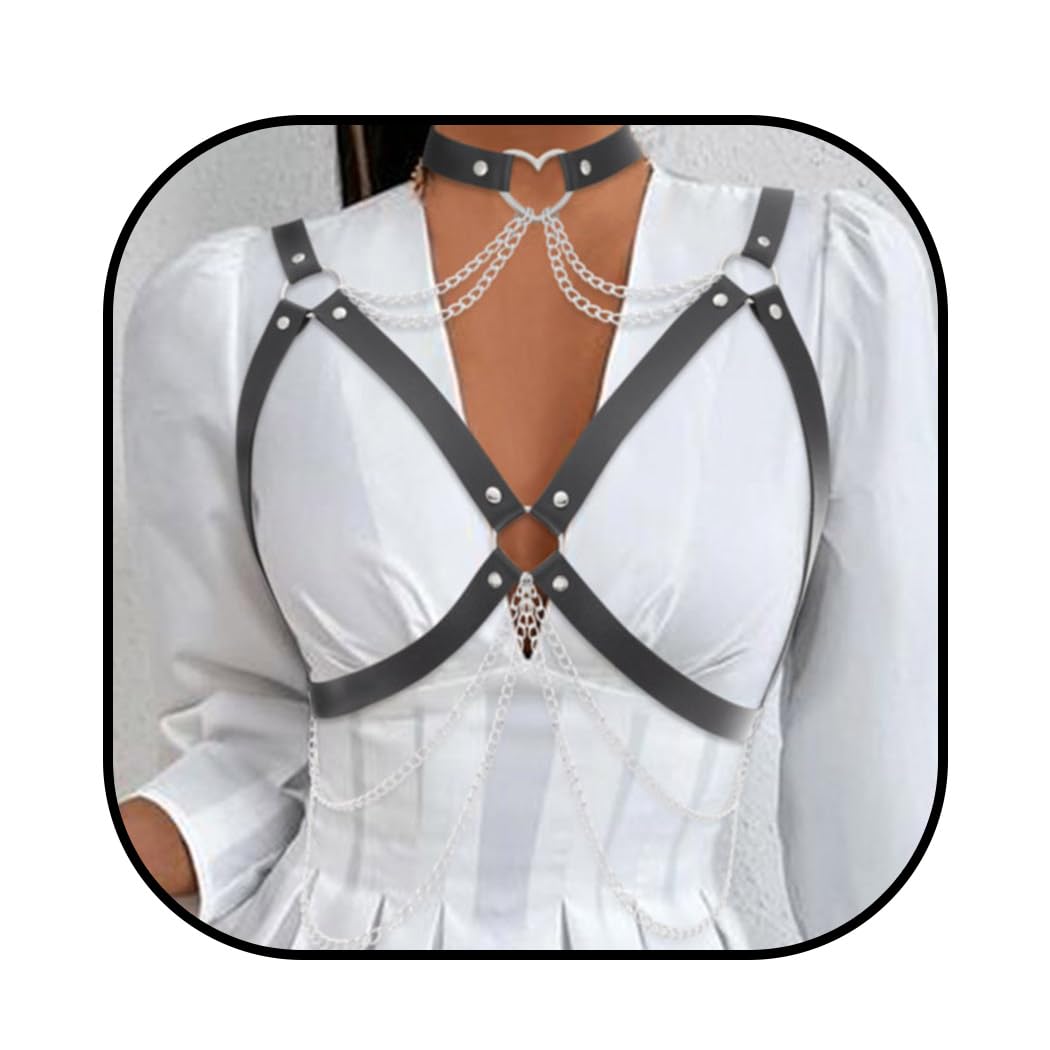 Ushiny Punk Leather Harness Body Chain - Black Gothic Vest Belt & Adjustable Chest Chain Jewelry for Women | Perfect for Cosplay, Rave Parties, Halloween Costumes & BDSM Fashion Accessories