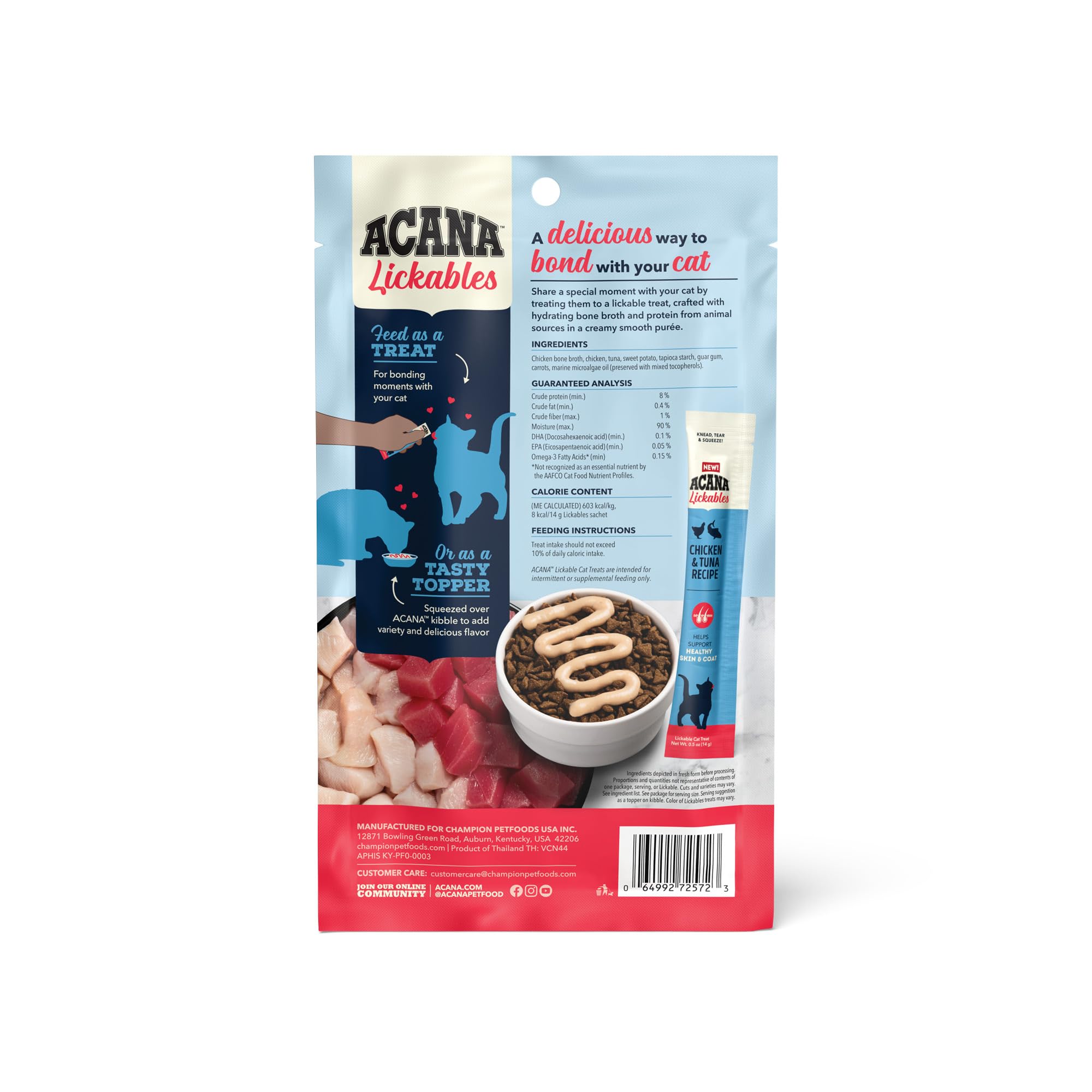 ACANA Lickables Chicken & Tuna Recipe Wet Cat Food - Grain-Free, High-Protein Cat Treats (2.5oz Pouch, 5 Count) - Perfect for Indoor Cats, Senior Cats & Picky Eaters