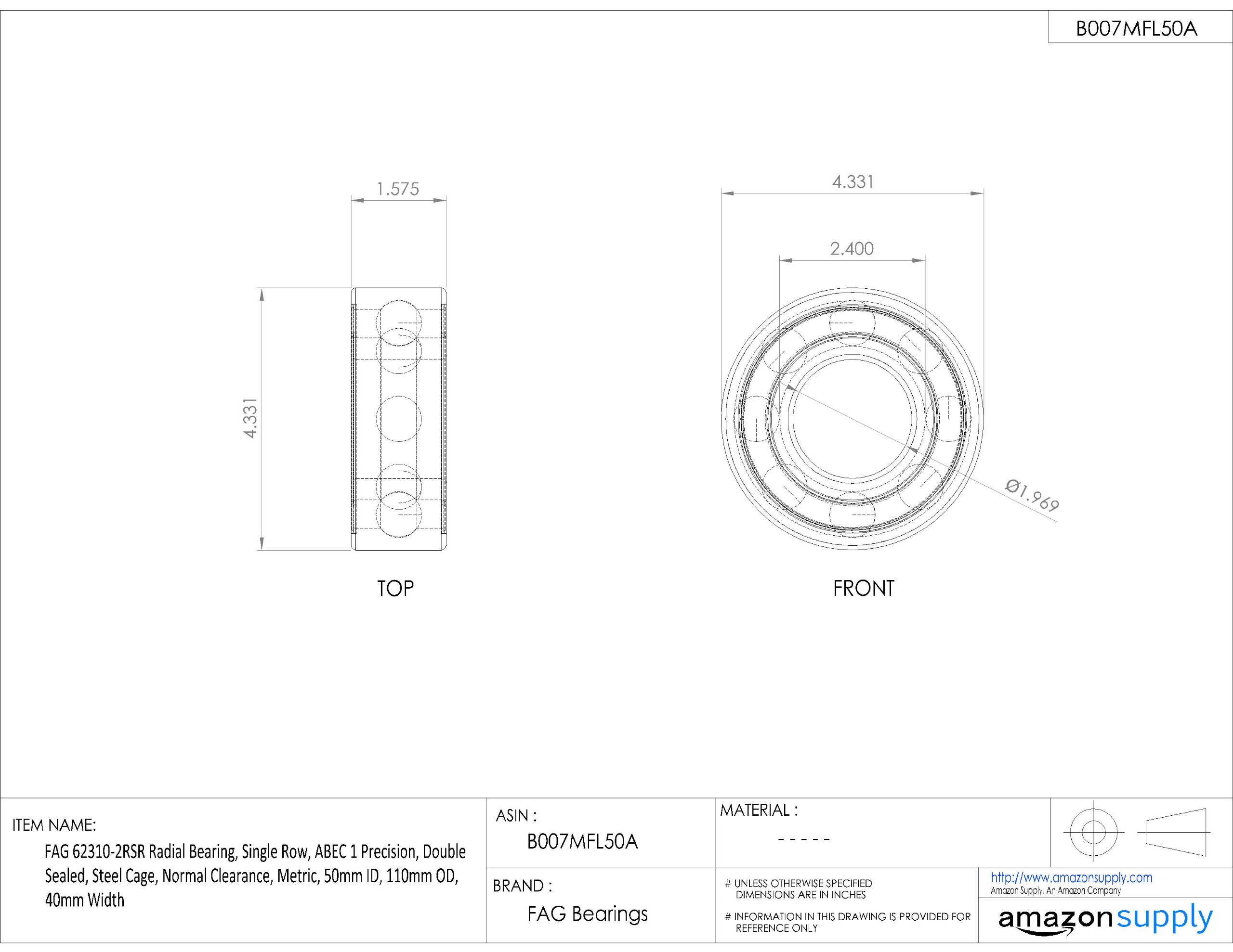 FAG 62310-2RSR Single Row Radial Ball Bearing - ABEC 1 Precision, Double Sealed, Steel Cage, 50mm ID x 110mm OD x 40mm Width - Metric Size for Industrial Machinery, Automotive Applications & Heavy Equipment Maintenance