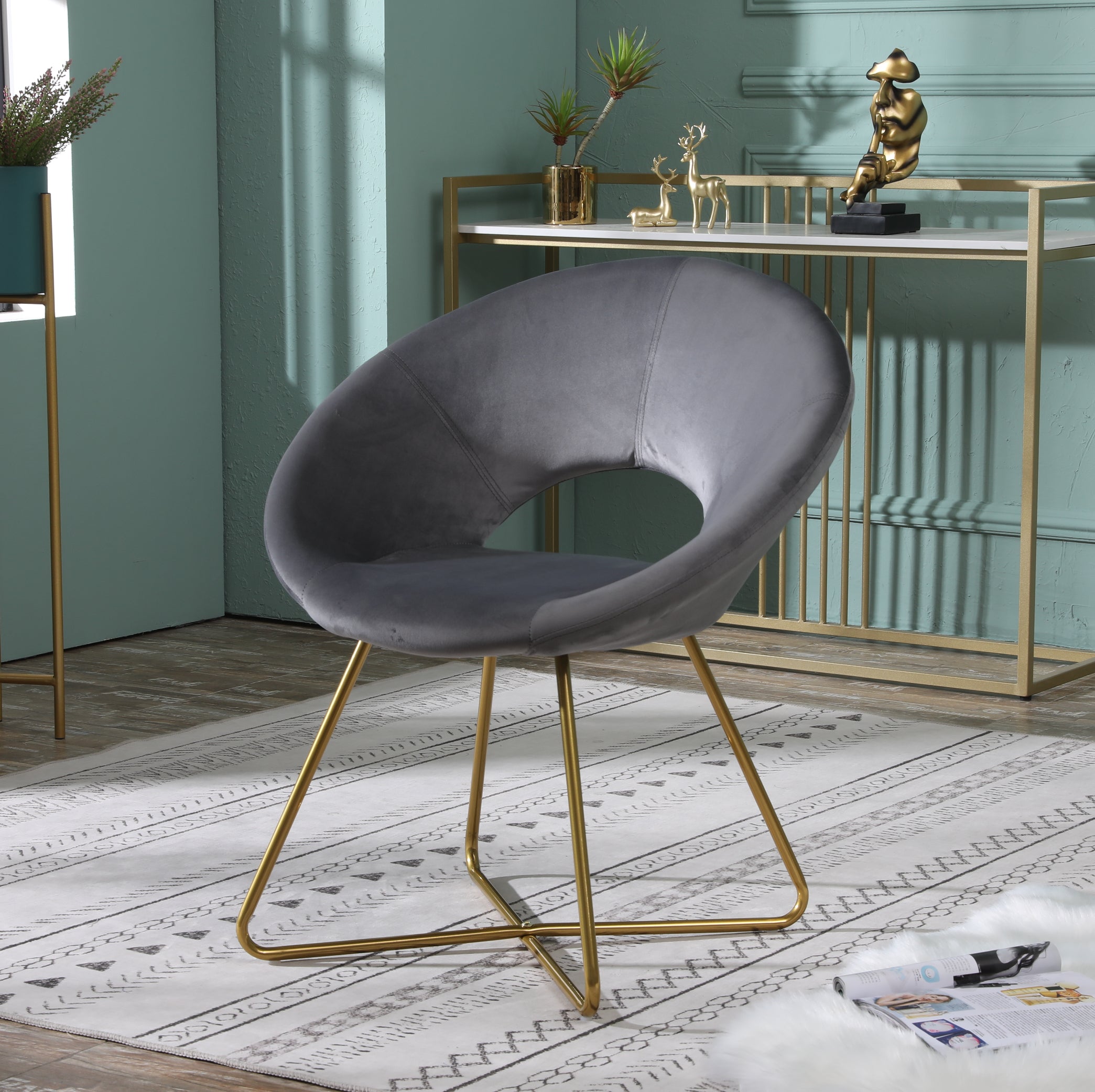 Roundhill Furniture Slatina Silky Velvet Upholstered Accent Chair - Gray Velvet with Gold Tone Metal Base - Modern Living Room, Bedroom, or Office Seating for Home Decor