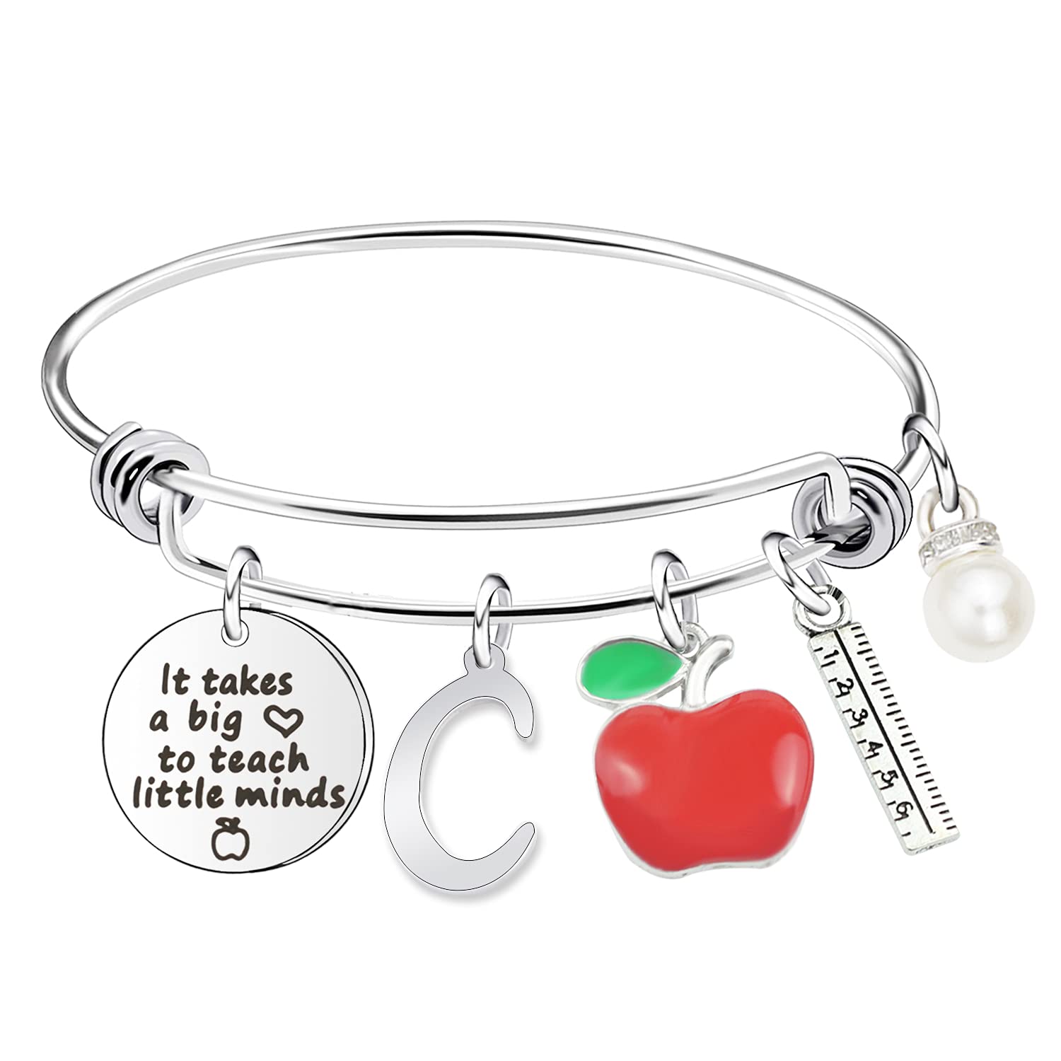 Scwasen Initial Teacher Bracelet for Women - Heart Shaped Teacher Appreciation Gift with 'It Takes a Big Heart to Teach Little Minds' Engraving - Thank You Bangle Bracelet for Teachers Day, Birthday, Retirement - Perfect for Classroom Gifts & Special Occasions