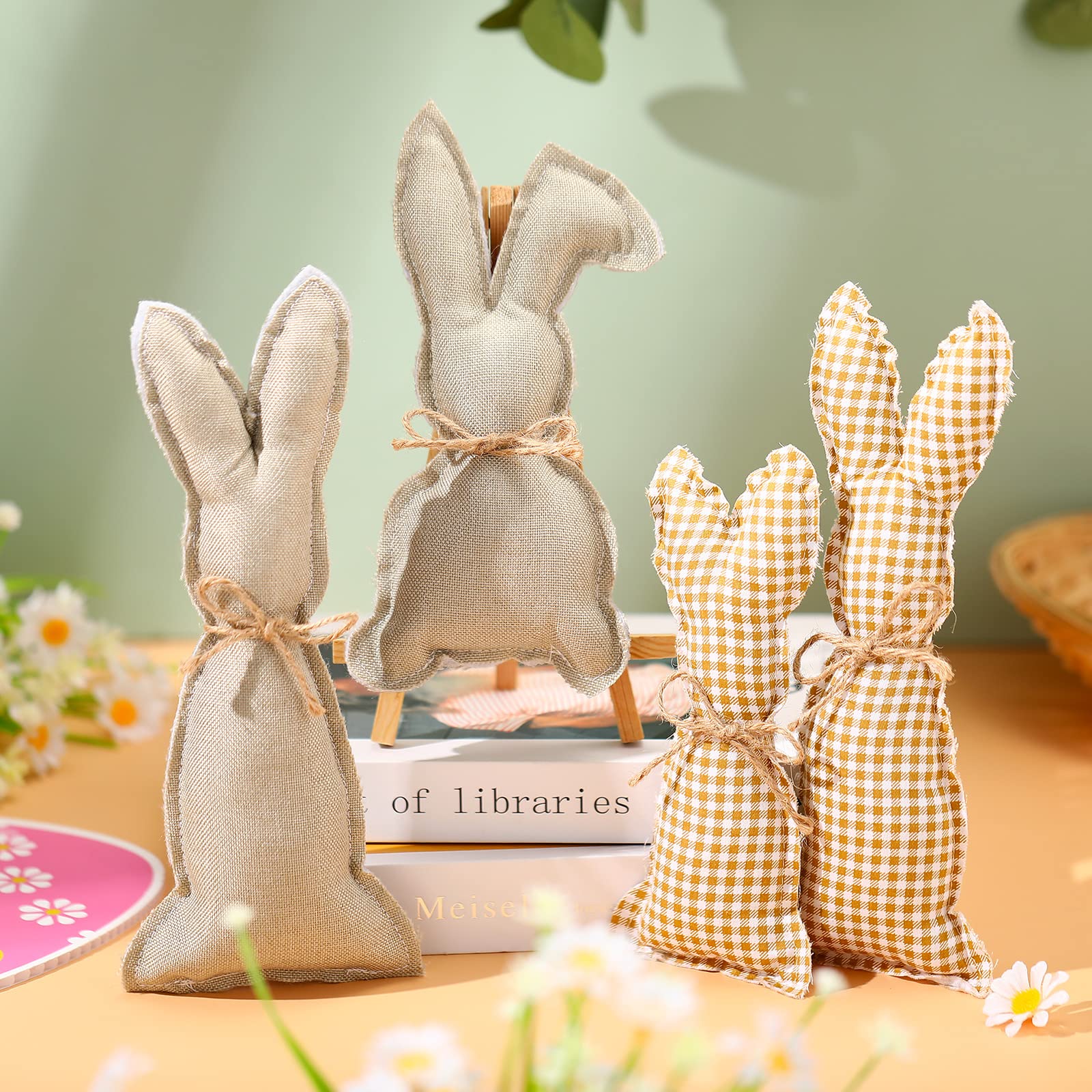 4-Piece Easter Rustic Bunny Decor Set - Farmhouse Stuffed Fabric Rabbits for Spring Home, Desk, Counter, Tiered Tray & Basket Fillers - Perfect for Easter Decorations and Rabbit Collections