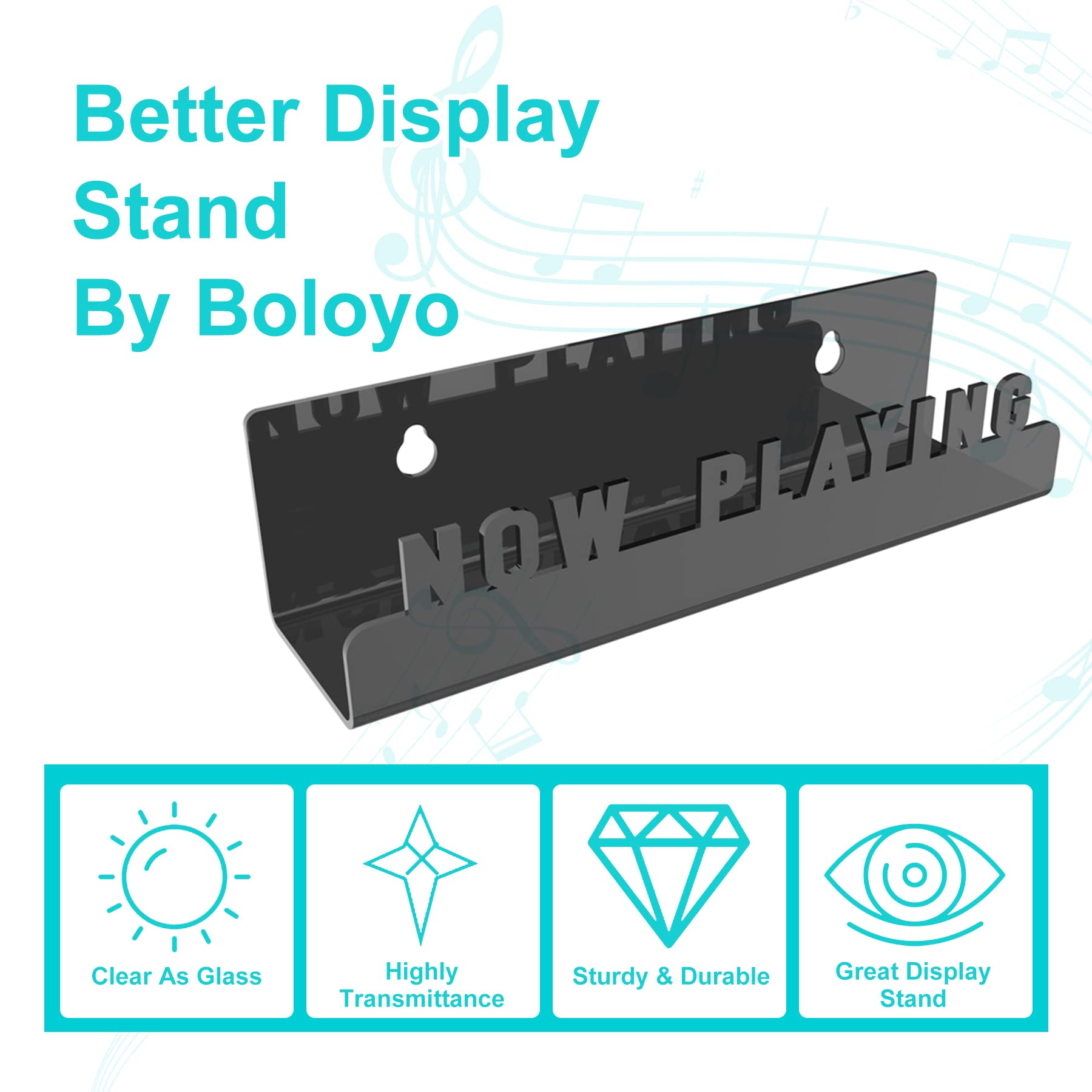 Boloyo Wall Mount Vinyl Record Display Stand - Acrylic Floating Shelf for LP Records (Black) | Perfect for Home Decor, Record Collections & Music Room Organization