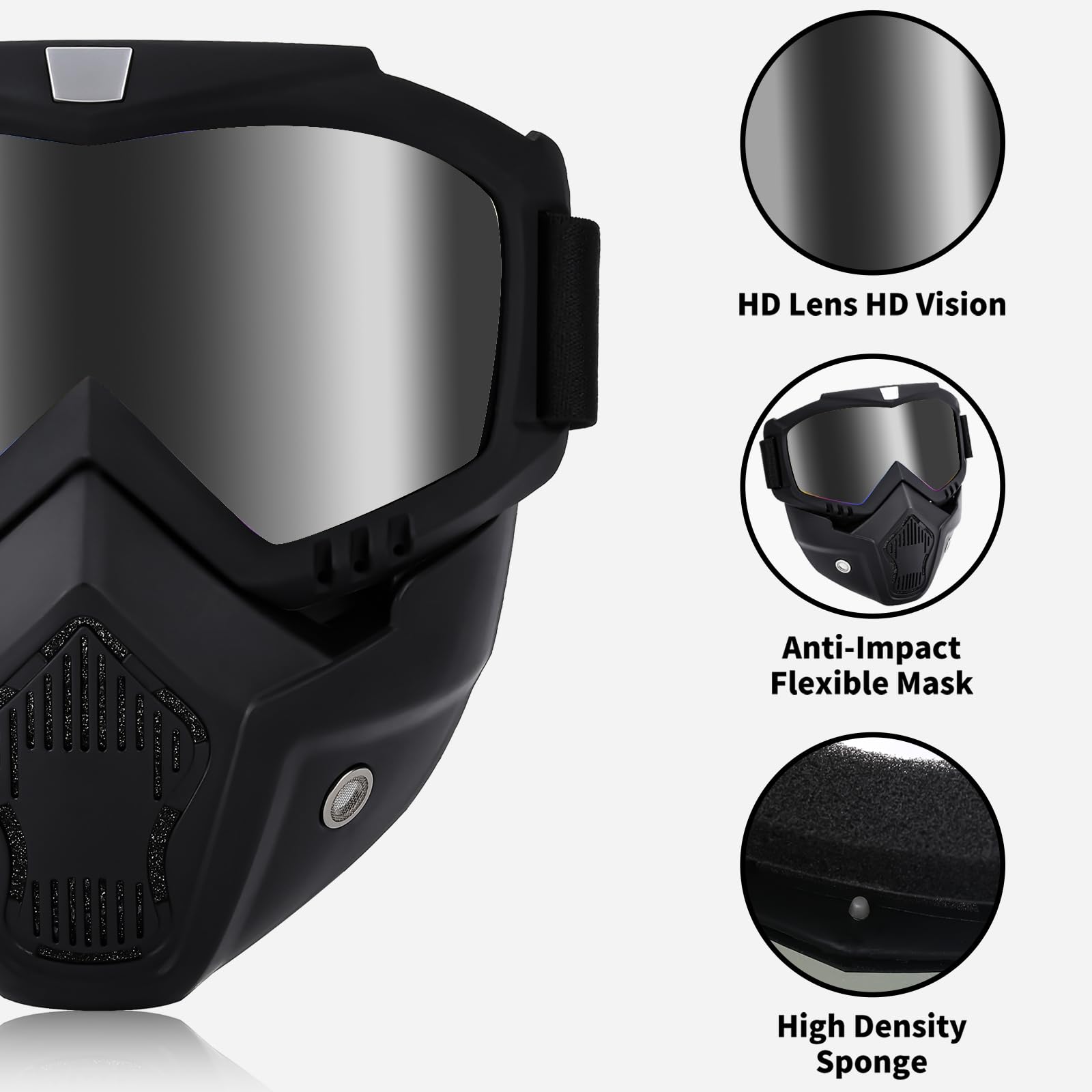 Motorcycle Goggles - Detachable Paintball Mask with Anti-Fog Lens for Skiing, Airsoft & ATV Riding | Dirt Bike Face Protection Gear for Outdoor Sports & Adventure Activities