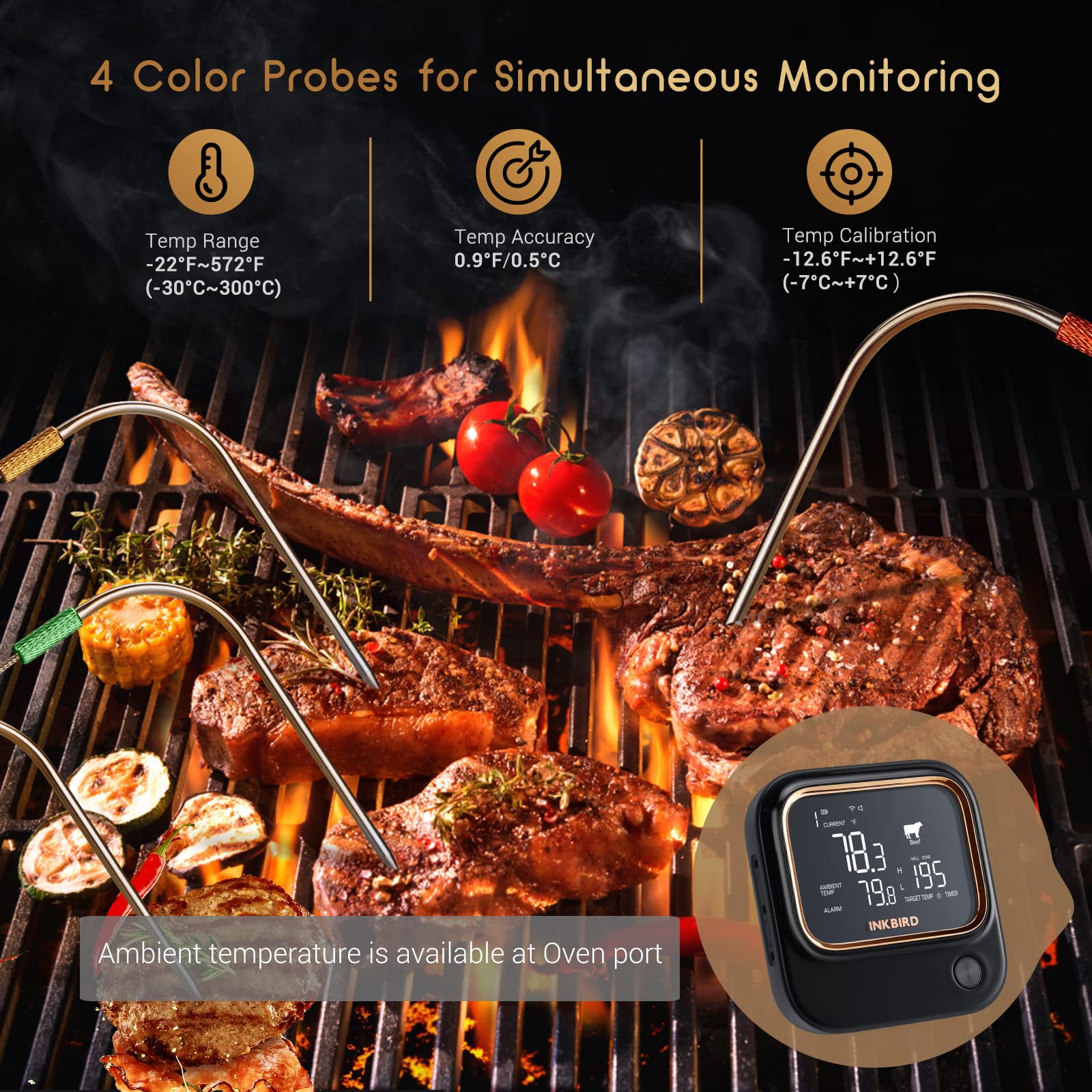 Inkbird IBT-26S 5GHz WiFi & Bluetooth 5.1 Wireless Meat Thermometer with 4 Probes - Smart BBQ Grill Thermometer for Smoking, Grilling, Roasting - APP Control, Alarm Timer, Backlit LCD, Rechargeable Battery - Perfect for Outdoor Cooking, Backyard Parties & Home Kitchen Use