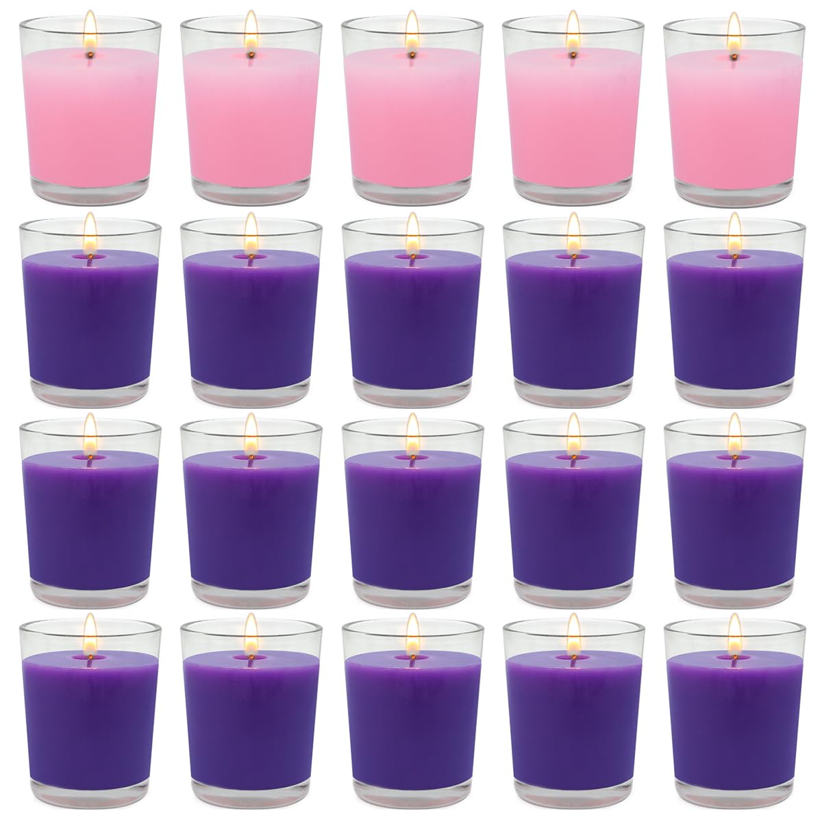 20-Pack Advent Candles with Glass Holders - 15 Purple & 5 Pink Unscented Votive Candles for Christmas Decorations | Church, Home, Holiday Table Centerpiece Decor