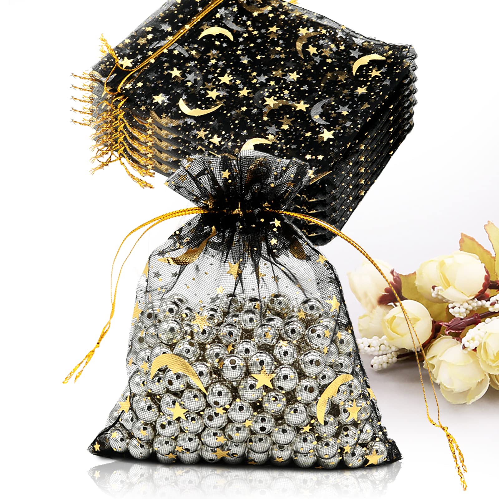 100 Pack Black Moon Star Drawstring Organza Bags - 3.5