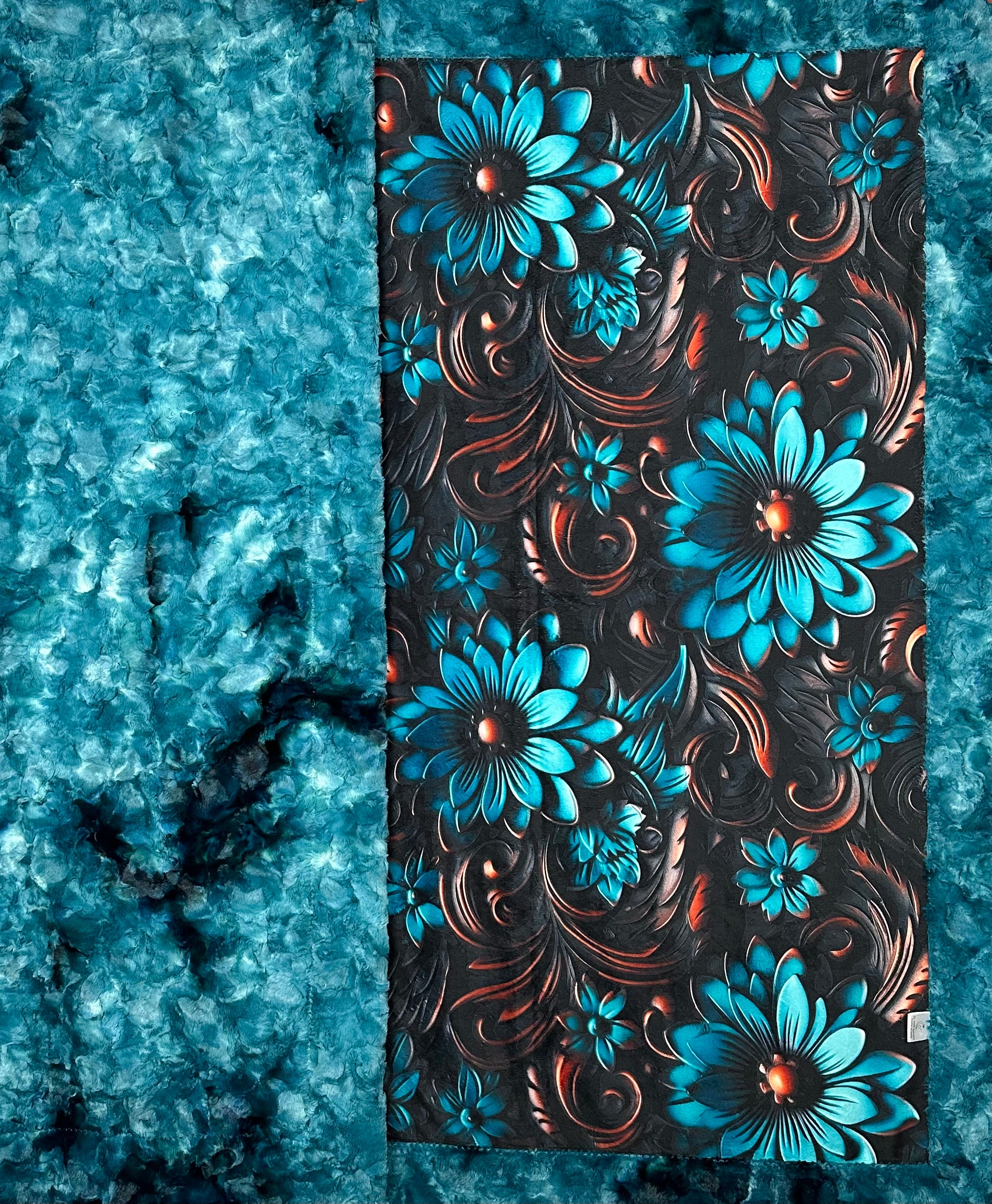Hand-Tooled Leather Turquoise Floral Design Luxury Minky Blanket 55x79 Inches - Soft Large Throw Blanket for Bed, Sofa & Home Decor