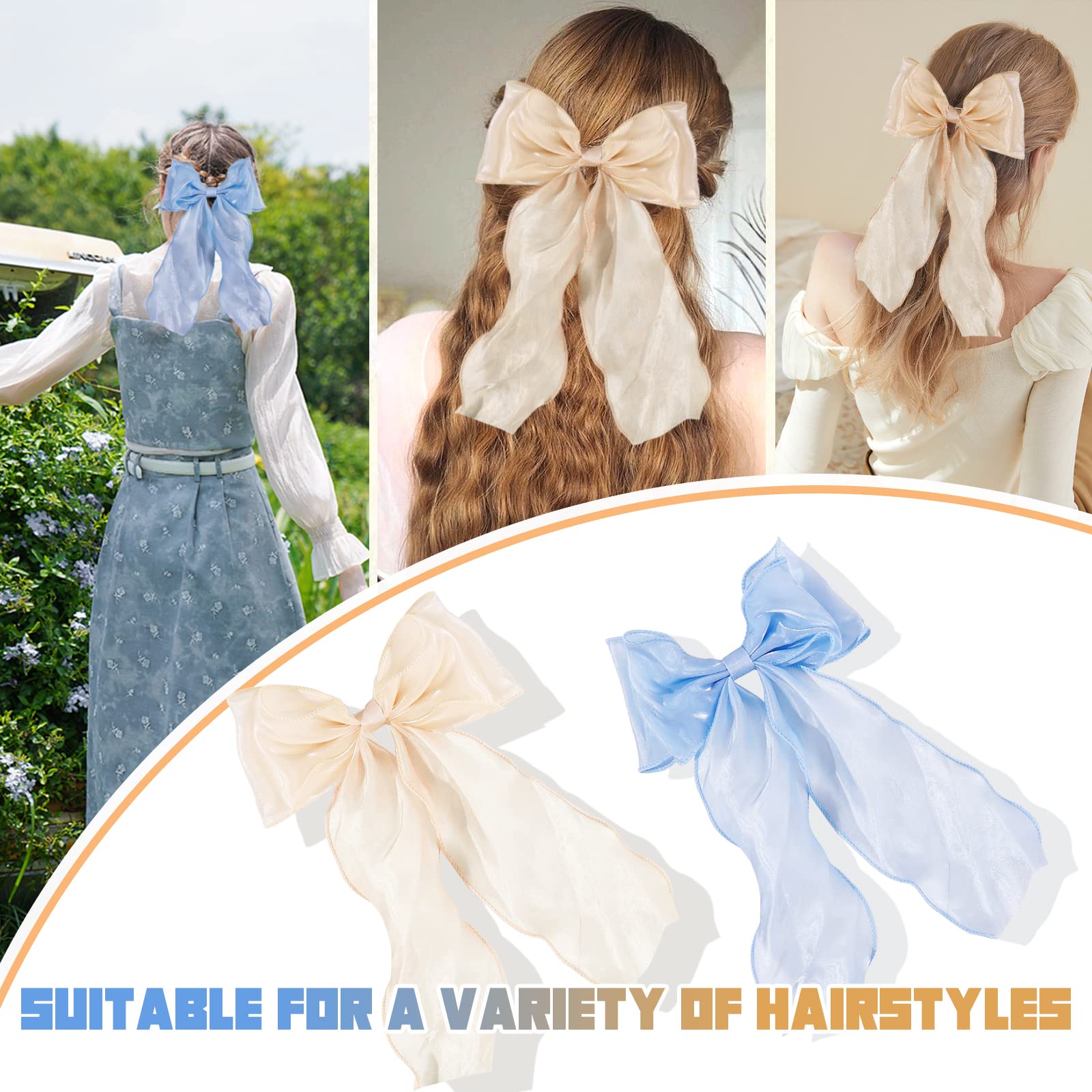 KesaPlan Large Hair Bow Clips for Women & Girls - 2PCS Big Silk Satin Hair Bows with Long Tail Ribbon, French Double Layer Soft Bowknot Hairpins for Teens - Perfect for Weddings, Parties & Everyday Styling