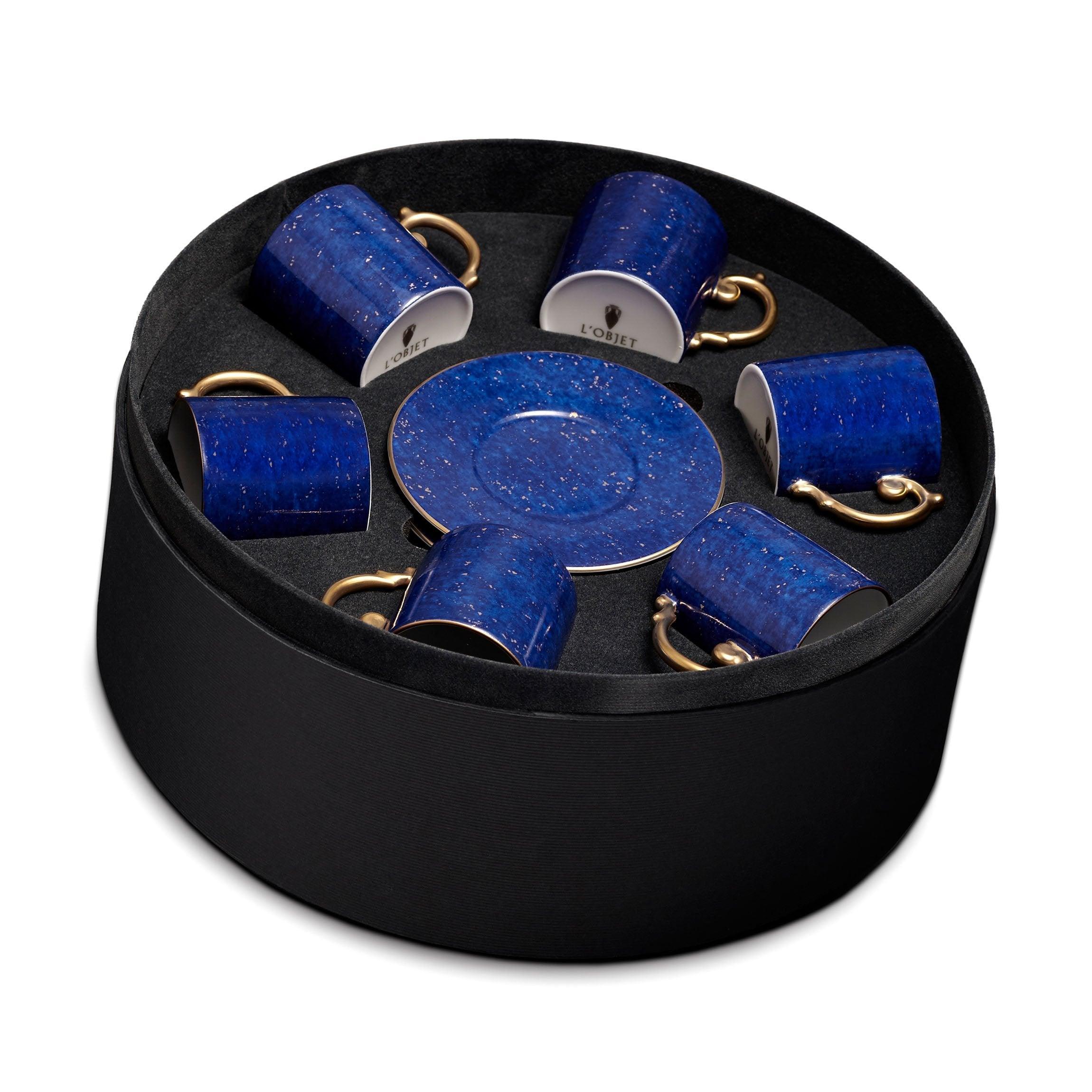 Premium Lapis Blue Espresso Cup and Saucer Set - 6 Piece Ceramic Coffee Cups for Espresso, Cappuccino & Latte - Elegant Home & Cafe Serving Set for Coffee Lovers