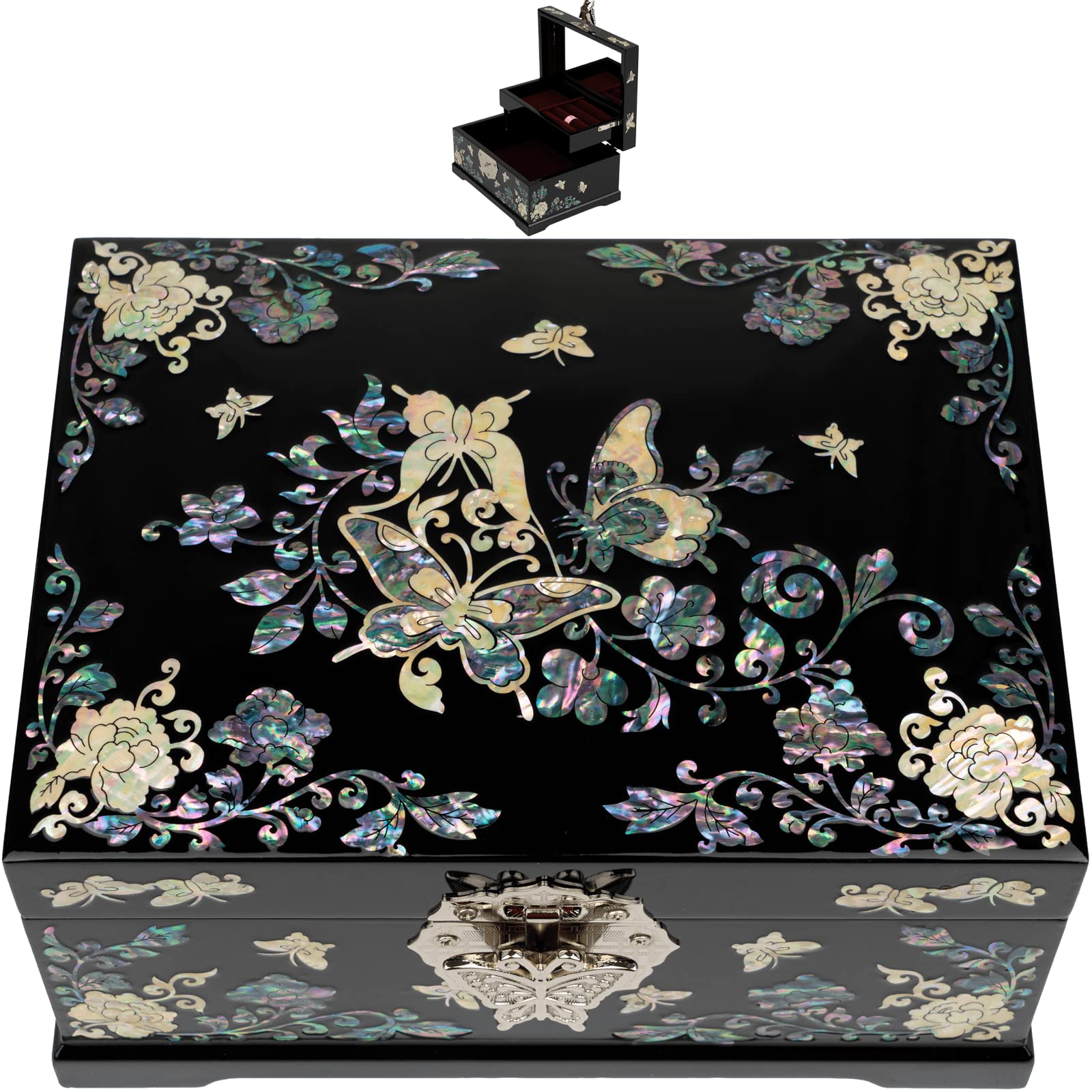 February Mountain Mother of Pearl Two-Layer Butterfly Jewelry Box - Elegant Gift for Women (Mom, Wife, Daughter, Sister, Grandma) | Perfect for Anniversaries, Weddings, Birthdays & Christmas | Jewelry Storage & Decorative Home Accent