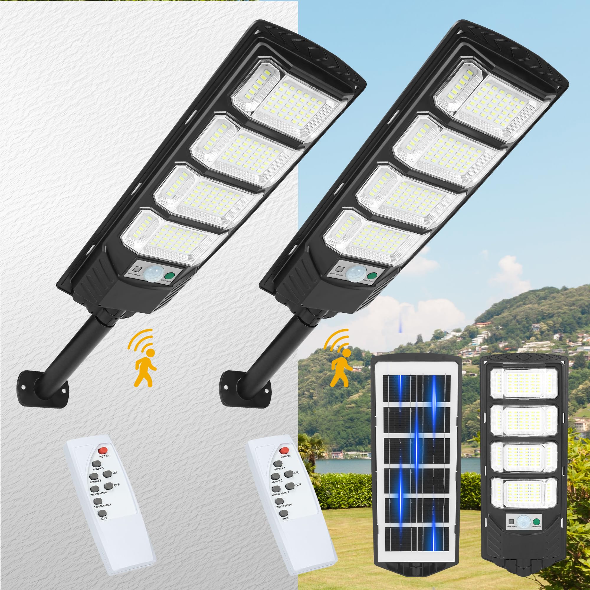 2 Pack Solar Street Lights Outdoor Waterproof IP66 - 8000K White LED Dusk to Dawn Motion Sensor Solar Security Lights with Remote Control for Parking Lot, Garage, Yard, Garden, Pathway | Solar Powered Outdoor Lighting for Home & Commercial Use
