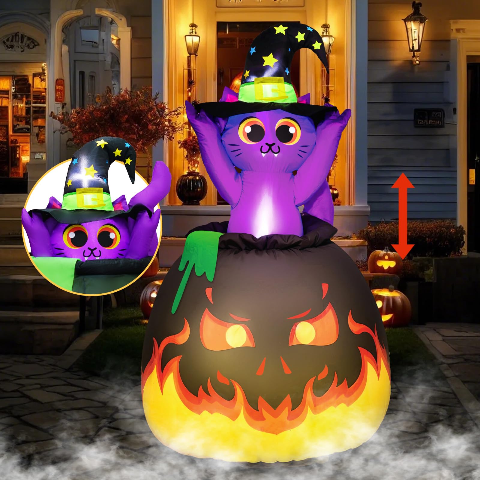 4.5FT Halloween Inflatable Cat with LED Lights - Automatic Pop Up Animated Witch Kitty in Cauldron for Indoor/Outdoor Decor - Perfect for Halloween Yard, Party, and Home Decoration