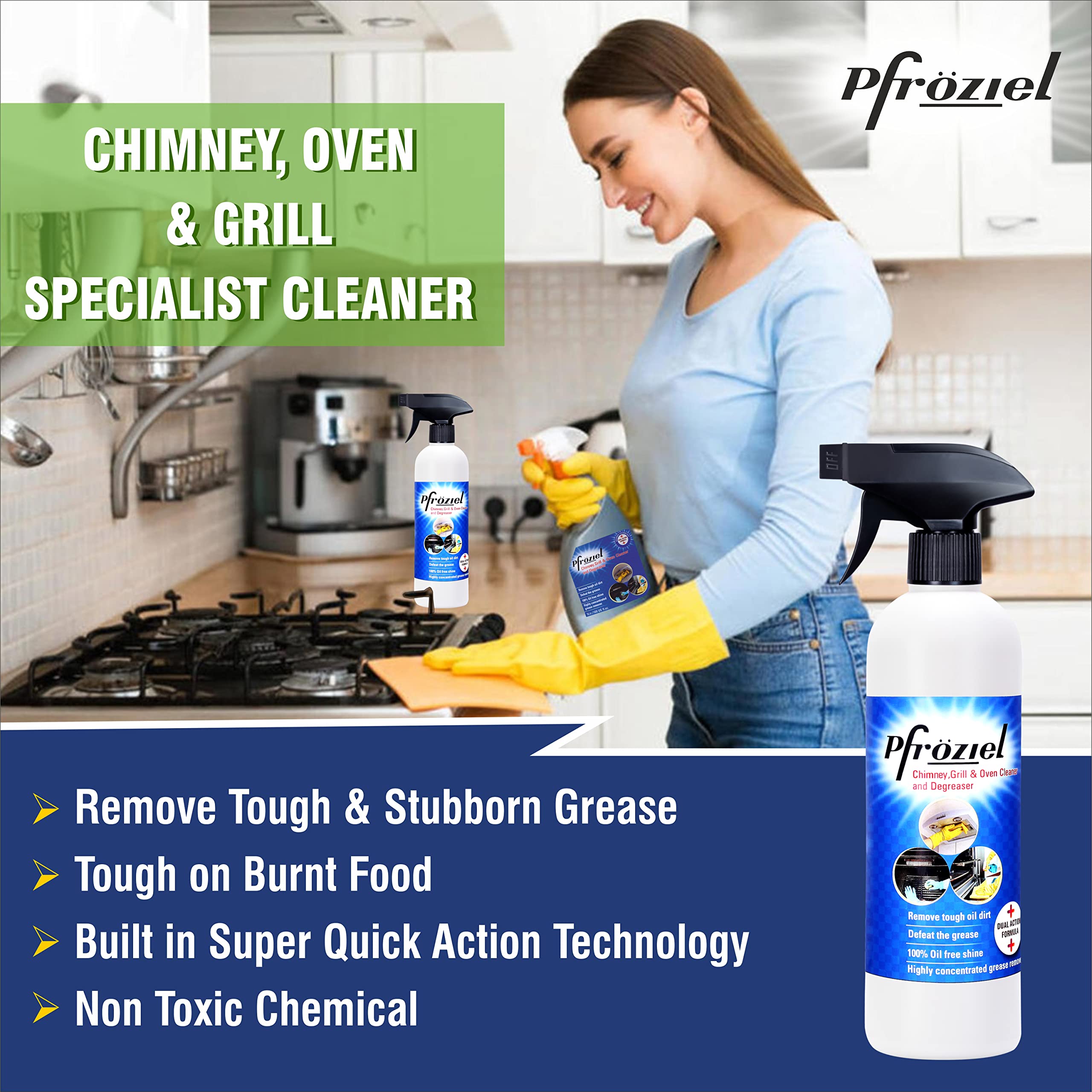 Pfroziel Chimney & Grill Cleaner (1L) - Heavy-Duty Degreaser for Chimneys, Ovens, Gas Stoves, Griddles & Exhaust Fans | Non-Flammable Formula | Removes Tough Grease, Oil & Stains | Perfect for Kitchen Deep Cleaning & BBQ Grill Maintenance