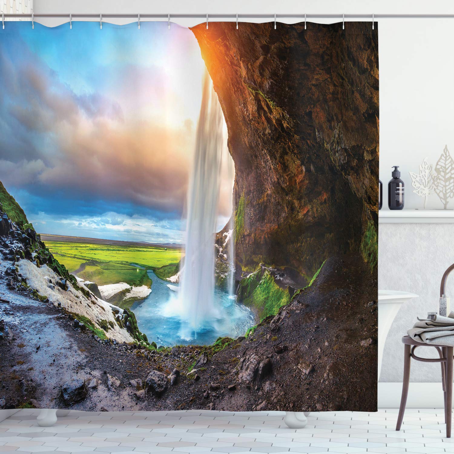Ambesonne Iceland Waterfall Shower Curtain - Seljalandsfoss Sunset Scenery with Clouds, 69x75 Inch Blue Orange Green Bathroom Decor Set with Hooks | Perfect for Nature-Inspired Bathroom Themes & Spa-Like Retreats