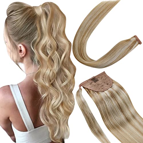 Hetto Blonde Ponytail Hair Extensions 12 Inch - 100% Human Hair Wrap Around Ponytail with Magic Paste Clip - 70g Natural Hair Extensions for Women - Perfect for Parties, Weddings & Daily Styling