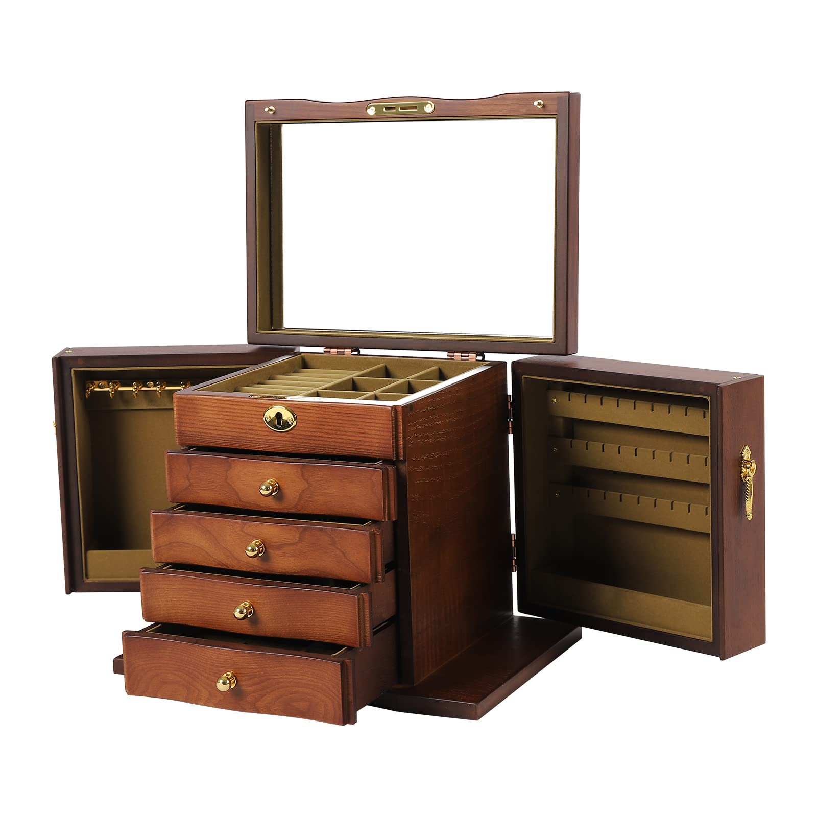 LOYALHEARTDY Large 5-Layer Wooden Jewelry Box with 2 Swing-Out Cabinets, Mirror & Lock - Necklace Earring Bracelet Organizer Storage Display Case - Perfect for Bedroom Vanity, Wedding Gift & Jewelry Collection