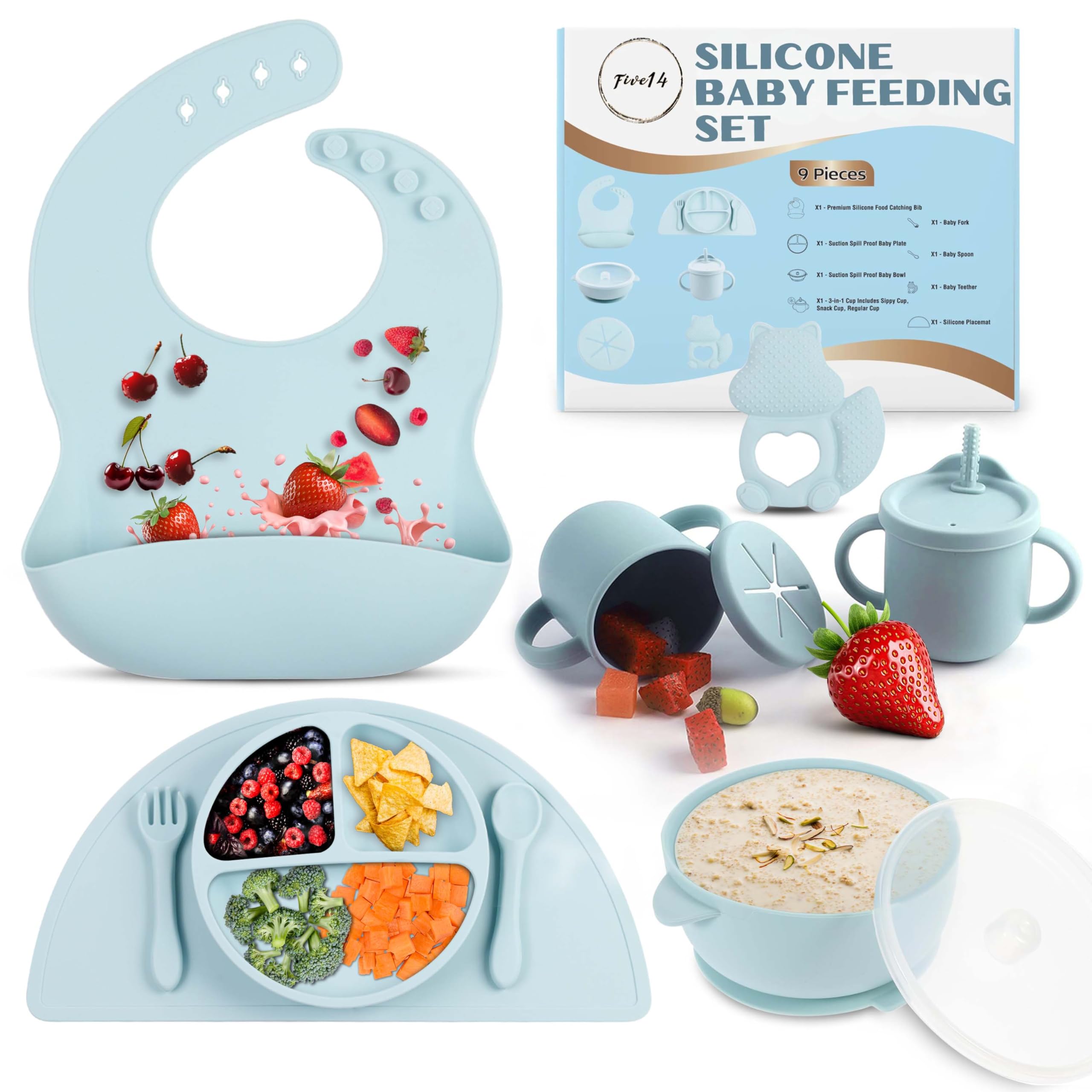 **9-Piece Silicone Baby Feeding Set - Toddler Plates, Bowls, Utensils, Suction Plates, Spill-Proof Sippy Cup & Soft Bib (Blue) - Perfect for Mess-Free Mealtime, Travel & Daycare**