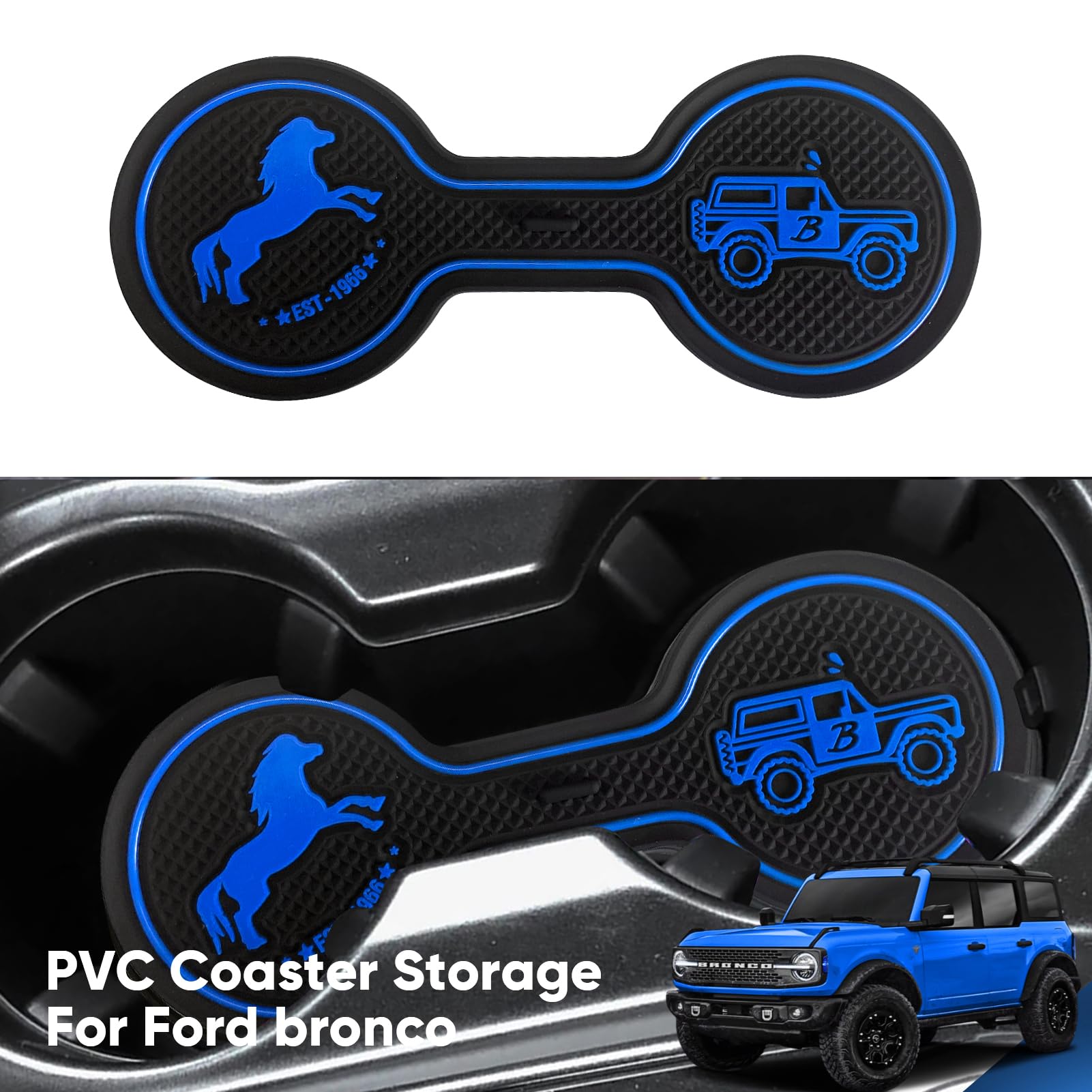 Ford Bronco 2021-2024 Cup Holder Coaster - Non-Slip Silicone Drink Mat for Beverages & Coffee - Car Accessories Interior Decor (Blue) - Perfect for Road Trips & Daily Commutes