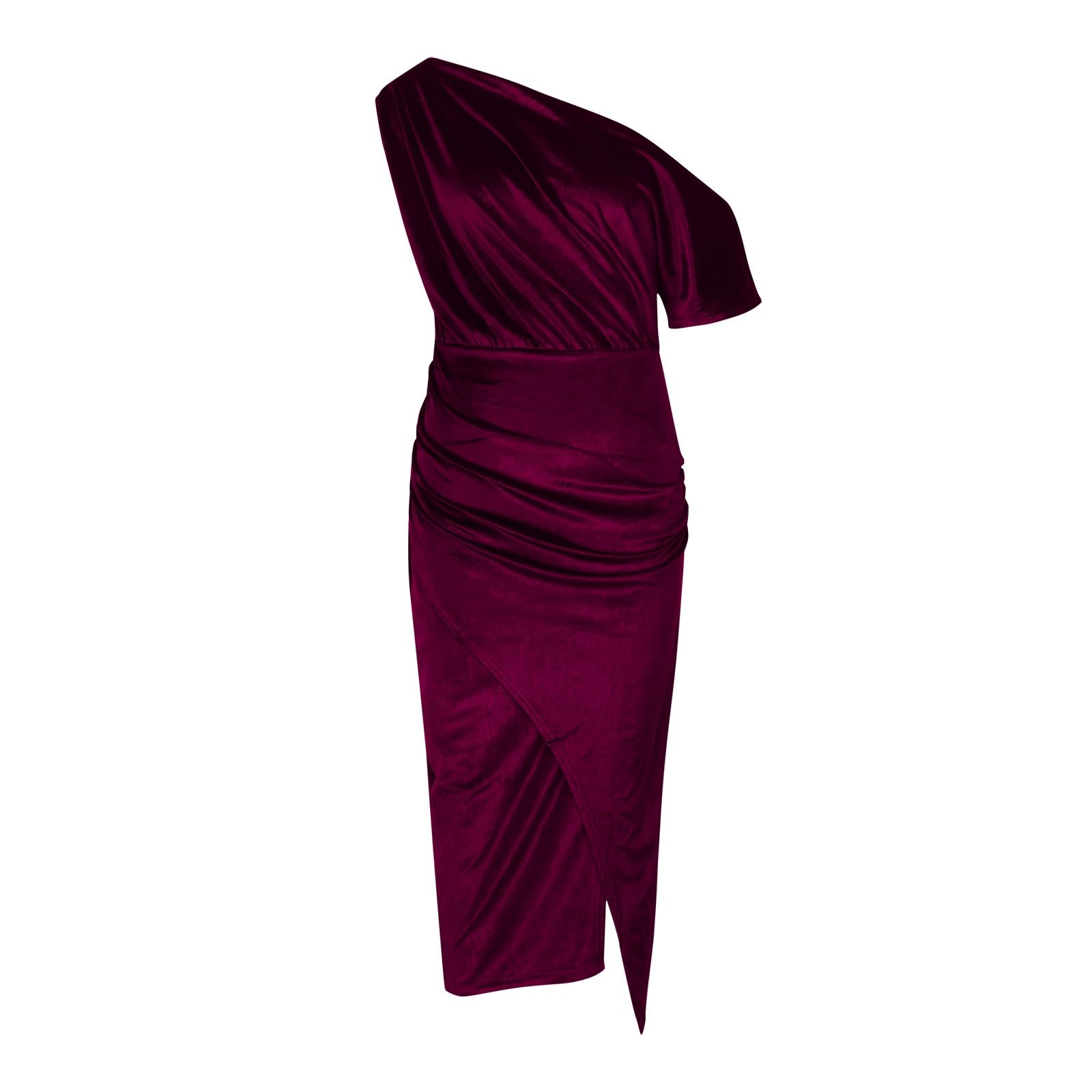 Sexy Off Shoulder Bodycon Cocktail Dress for Women - Ruched Front, High Slit, Wrap Midi Dress - Perfect for Wedding Guest, Party, Date Night & Formal Events