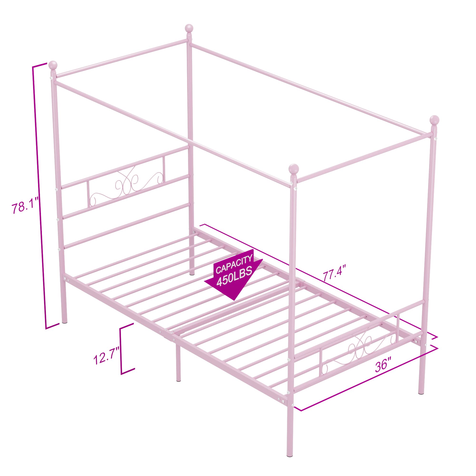 Weehom Twin Canopy Bed Frame with Headboard and Footboard - 4 Poster Metal Bed Frame for Kids & Adults - No Box Spring Needed - Sturdy Mattress Foundation Platform Bed in Pink - Perfect for Bedrooms, Guest Rooms & Dorm Decor