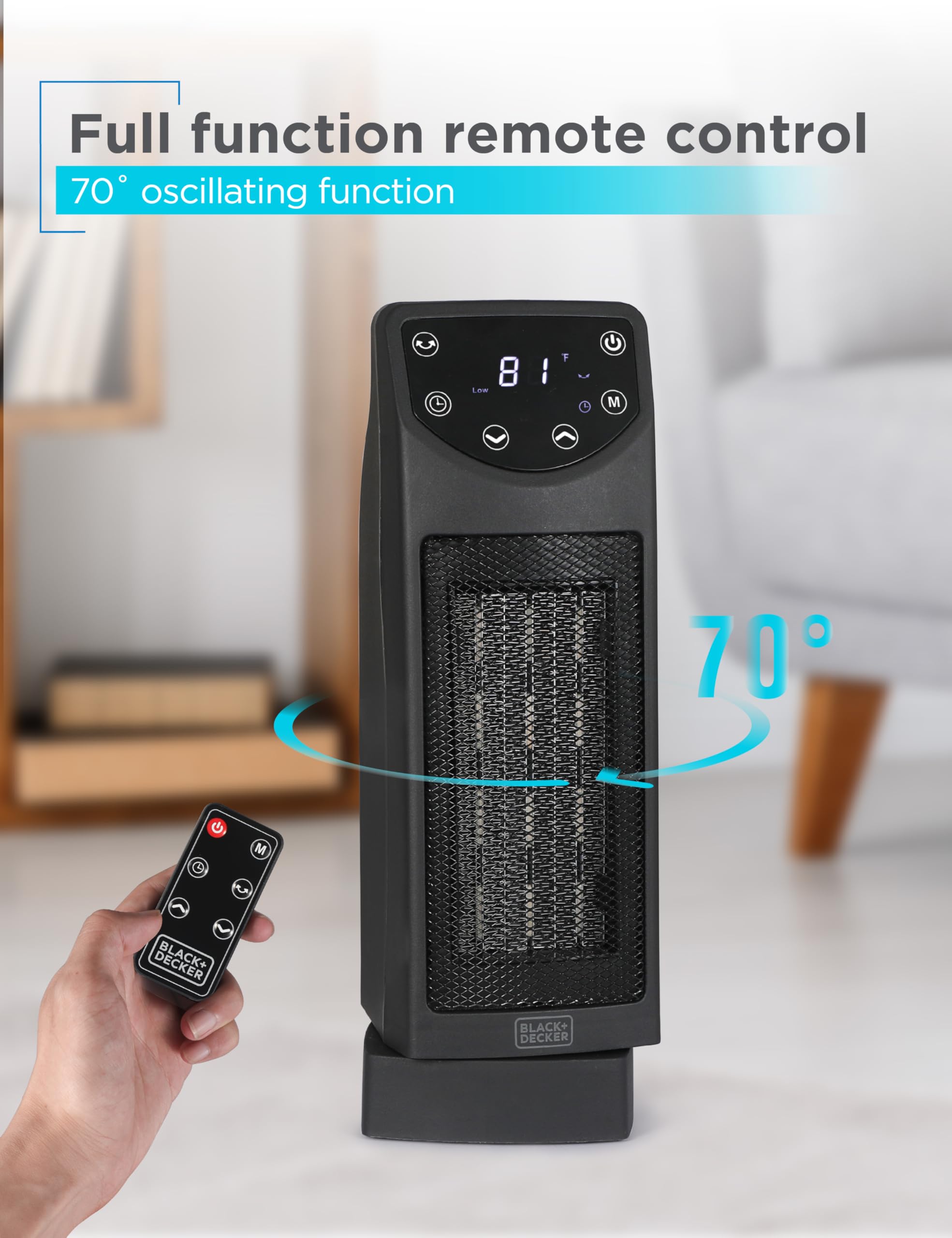 BLACK+DECKER Oscillating Ceramic Space Heater with Remote Control & Adjustable Thermostat - Compact Desktop Heater for Office, Bedroom, and Home Use - Black