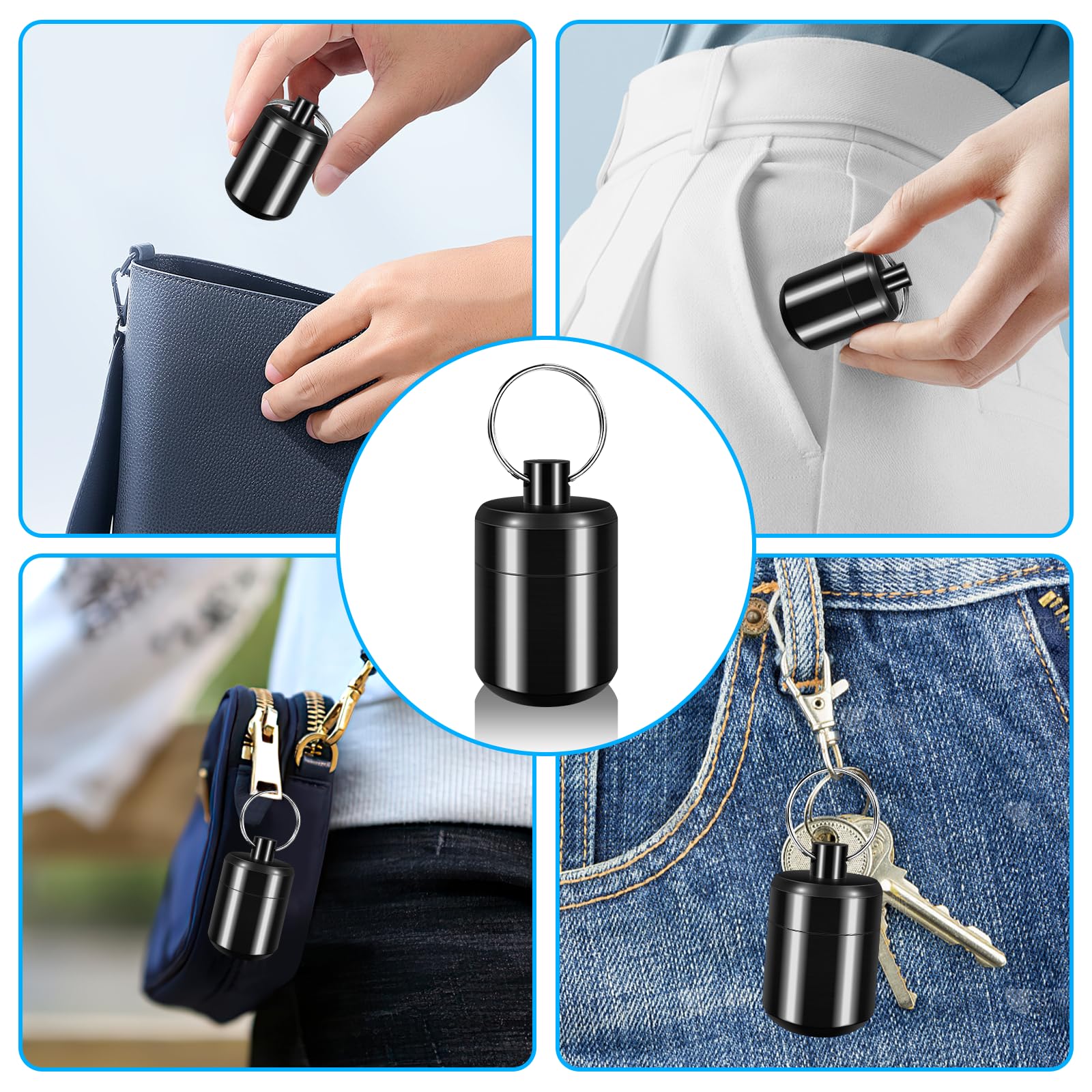 Waterproof Portable Pill Keychain Holder - Small Pill Box Organizer with Keychain for Travel, Gym & Daily Use (Black, 2 Pack)