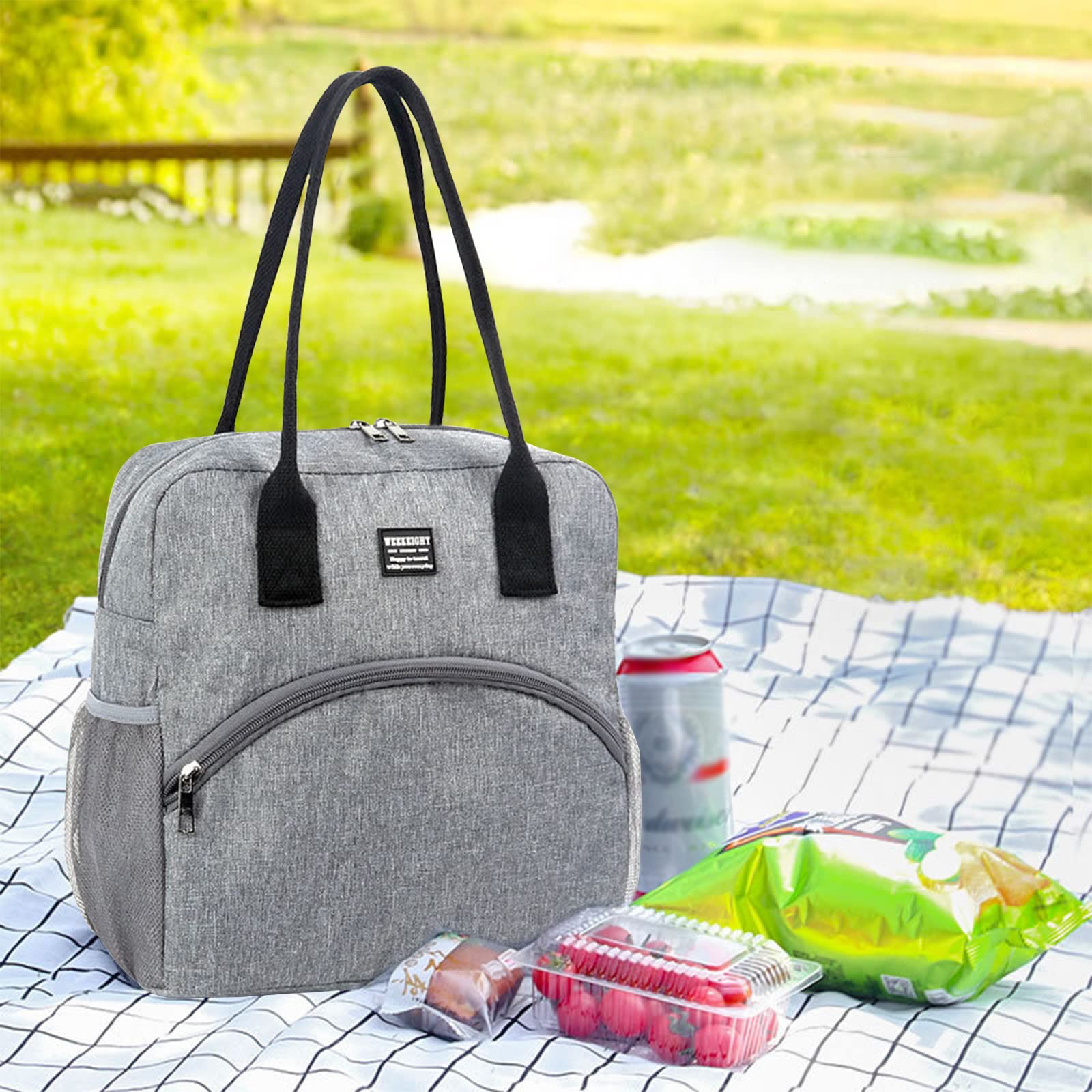 **Insulated Lunch Bag for Work & School - Portable Soft Cooler Tote with Waterproof Leakproof Design, Reusable Lunch Box with Side Mesh Pocket - Perfect for Picnic, Beach & Outdoor Activities (Gray)**