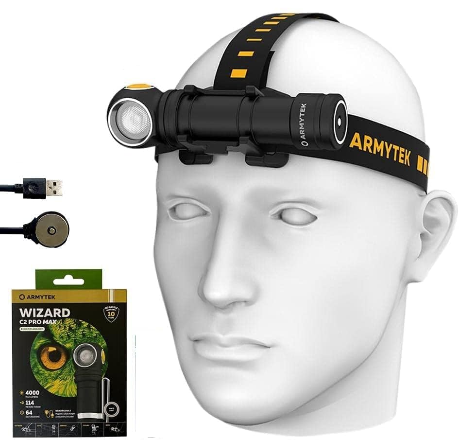 Armytek Wizard C2 Pro Max XHP70.2 LED Rechargeable Headlamp with Magnet - 4000 Lumens USB Charging, Includes Car & Wall Adapters + Free Eco-Sensa Keychain Light - Perfect for Camping, Hiking, and Outdoor Adventures